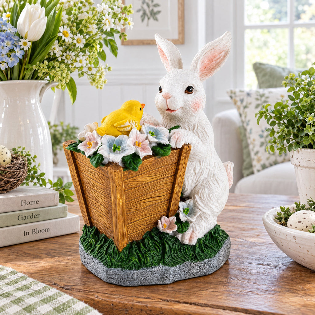 Wooden-Style Easter Bunny and Chick Figurine - 7" Spring Planter Decor Easter > Figurines > Bunnies La Vie Bien Wooden-Style Easter Bunny and Chick Figurine - 7" Spring Planter Decor