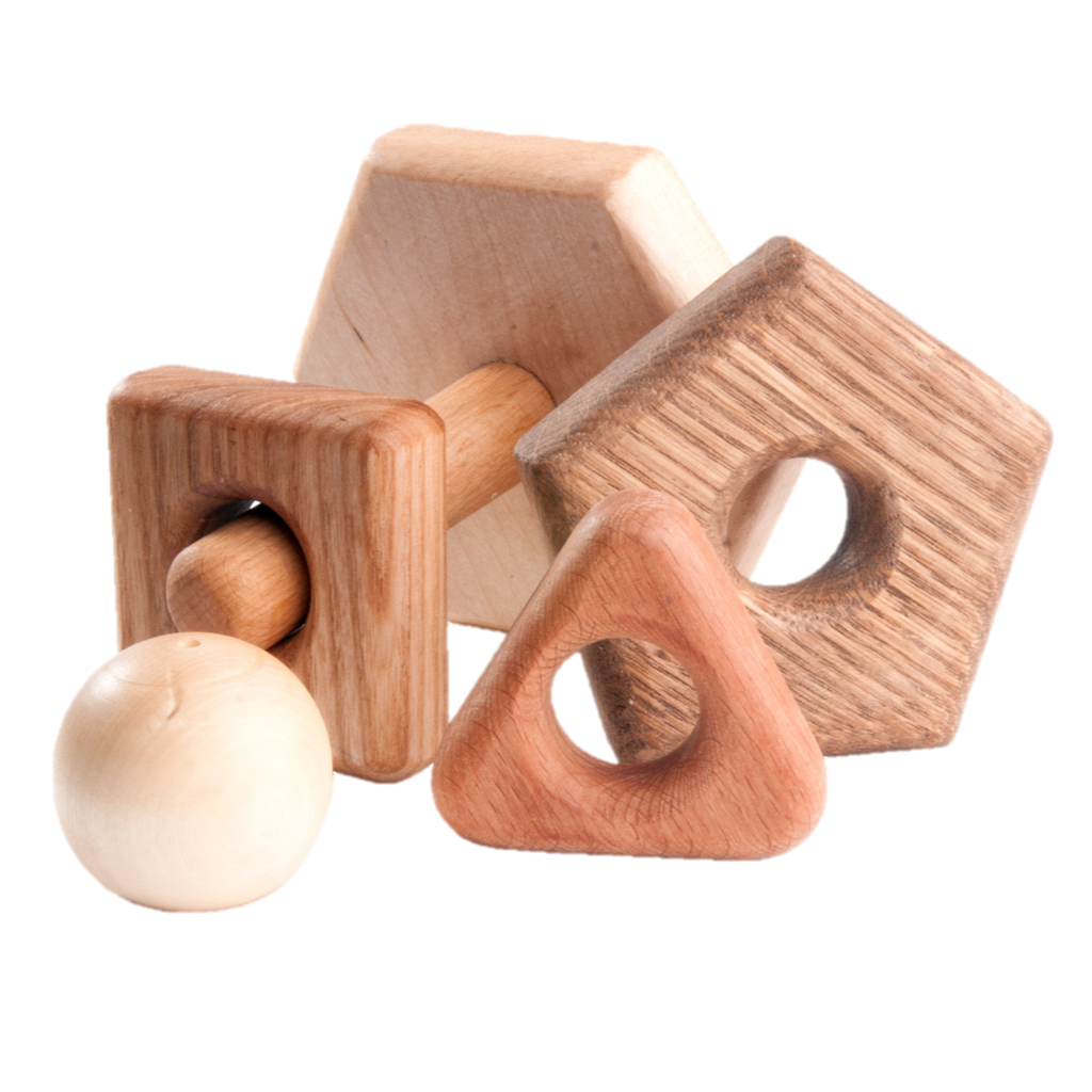 Wooden stacking toy in different shapes from 5 types of wood