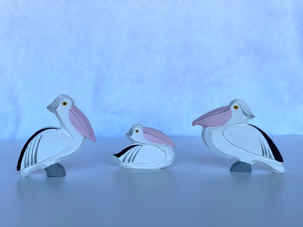 Hand Carved Wooden Pelican Toy set of 3