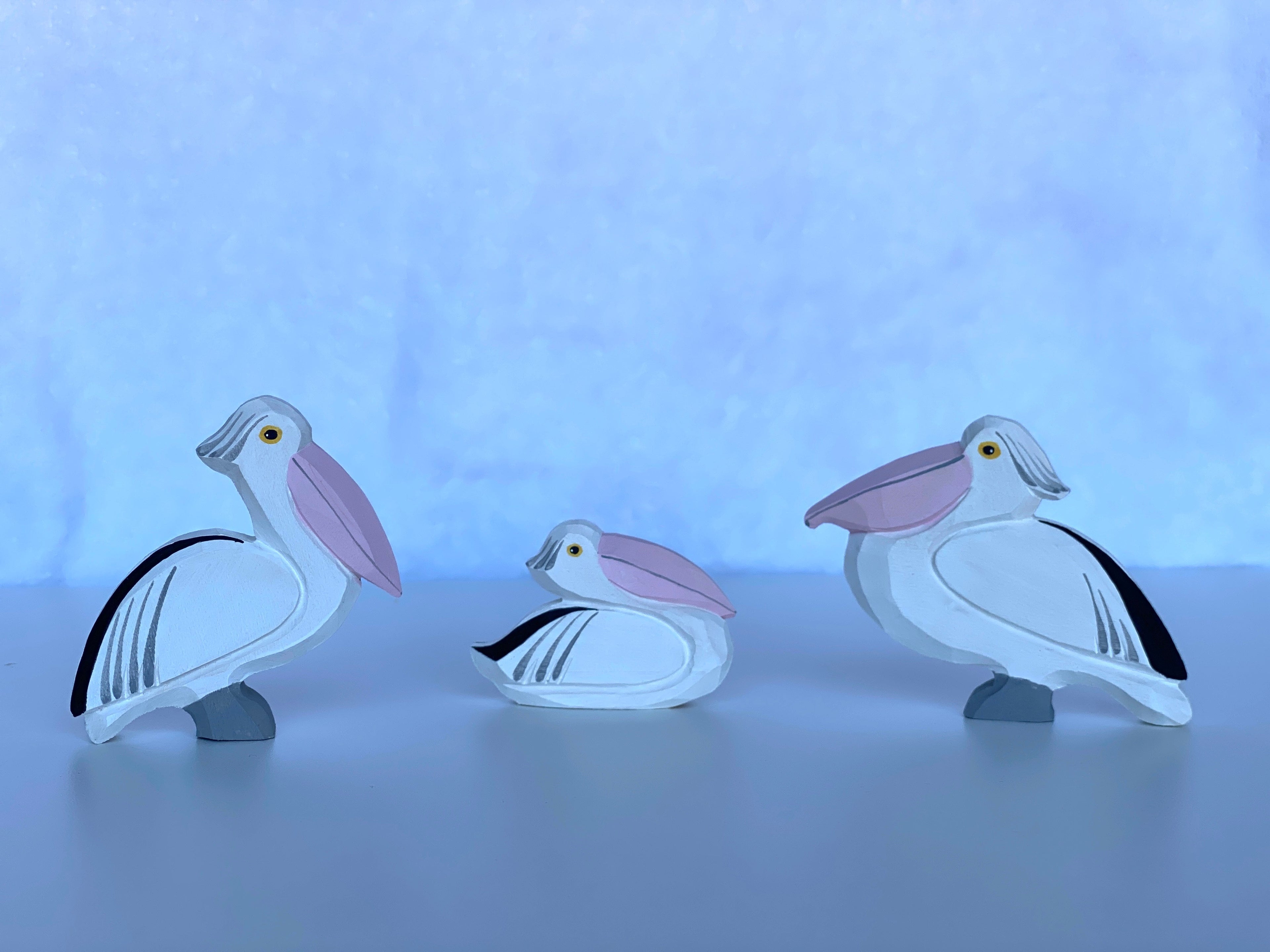 Hand Carved Wooden Pelican Toy set of 3