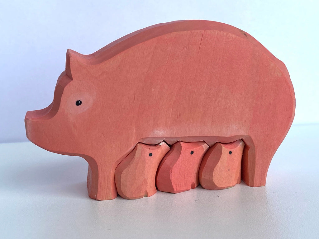Wood Carved Pig with piglets