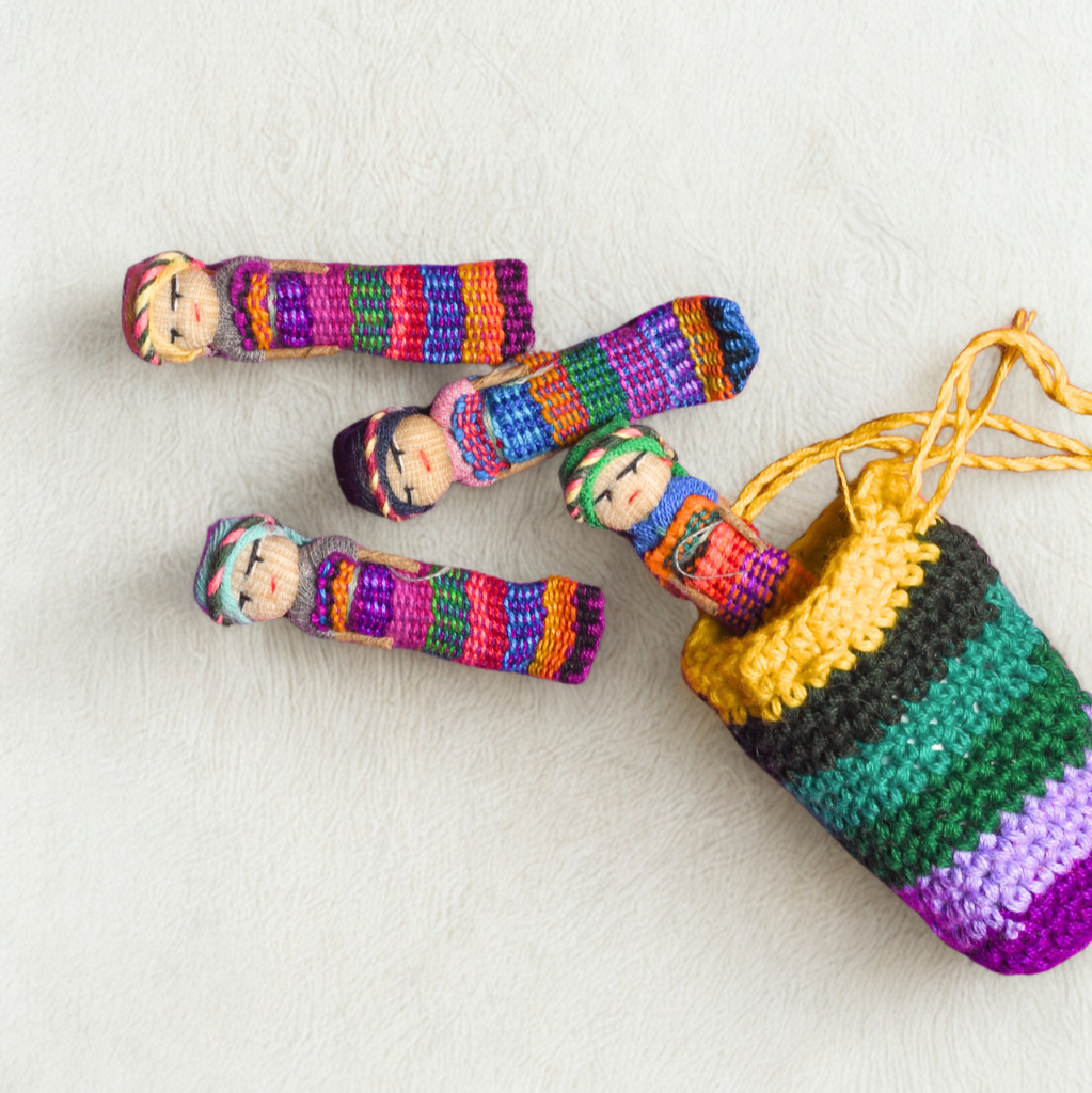 Worry Doll Crochet Pouch with Four Dolls - Guatemala Accessories La Vie Bien Worry Doll Crochet Pouch with Four Dolls - Guatemala