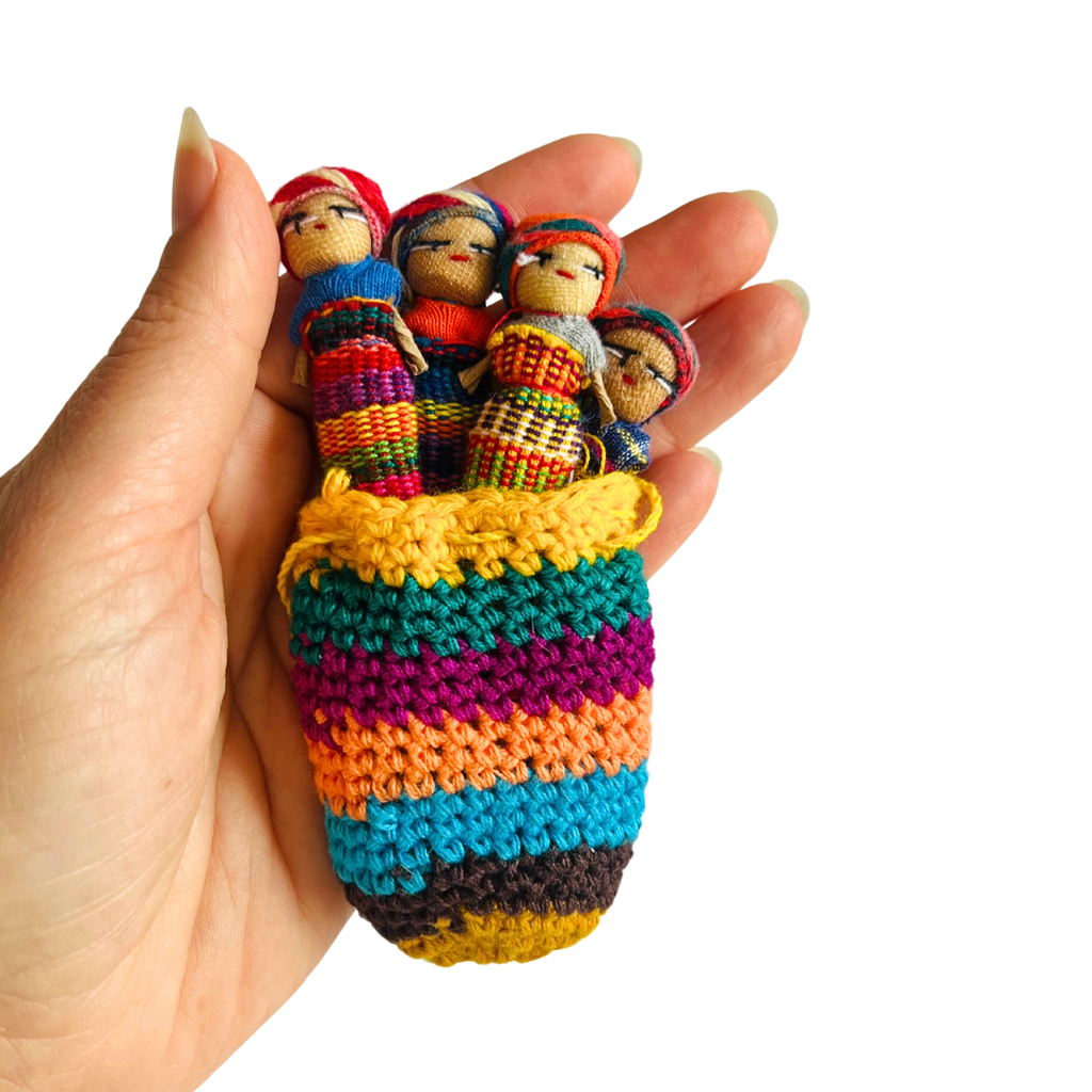Worry Doll Crochet Pouch with Four Dolls - Guatemala Accessories La Vie Bien Worry Doll Crochet Pouch with Four Dolls - Guatemala