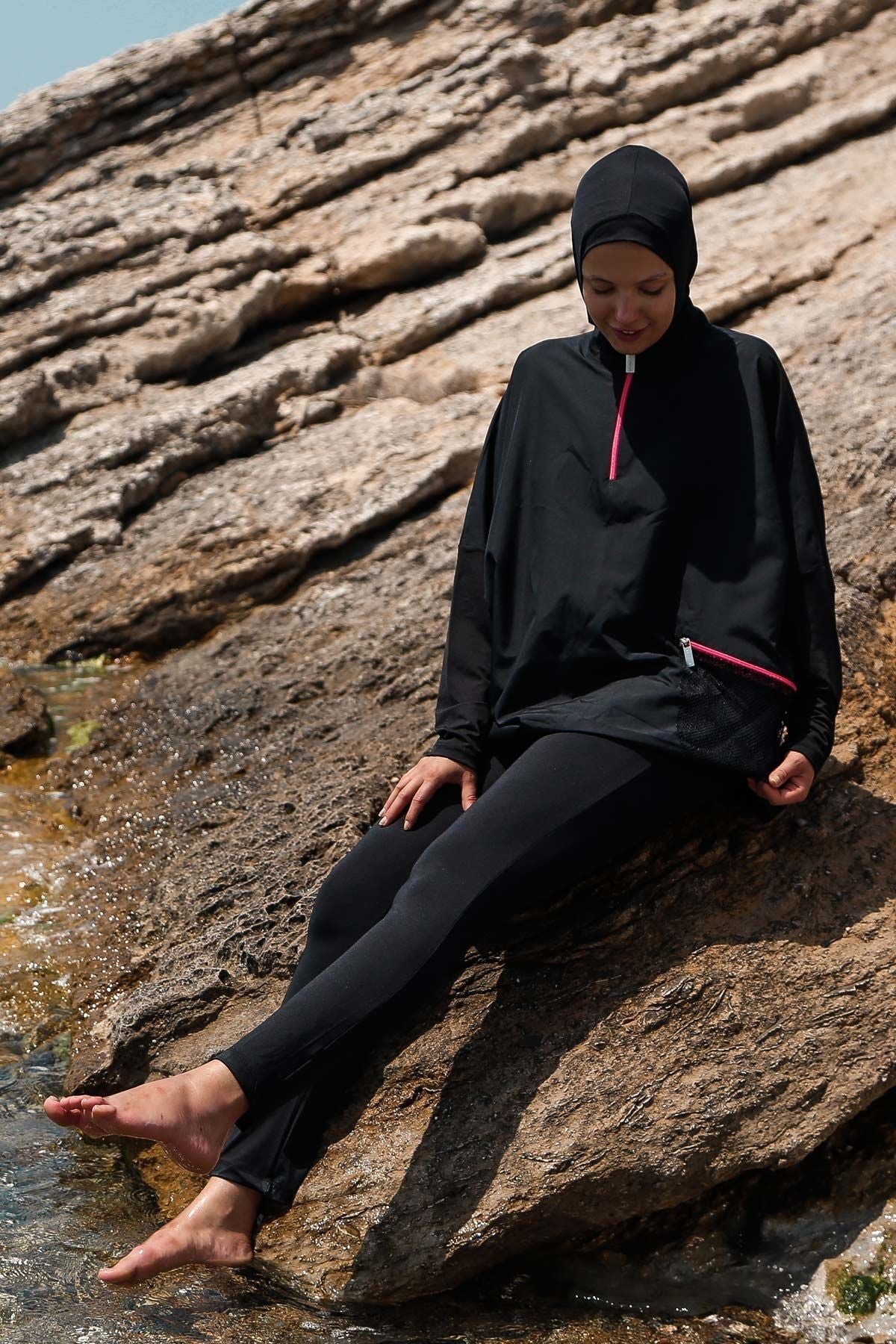 Woven Black Burkini Modest Swimwear M2275 Covered Burkini Swimwear La Vie Bien Woven Black Burkini Modest Swimwear M2275