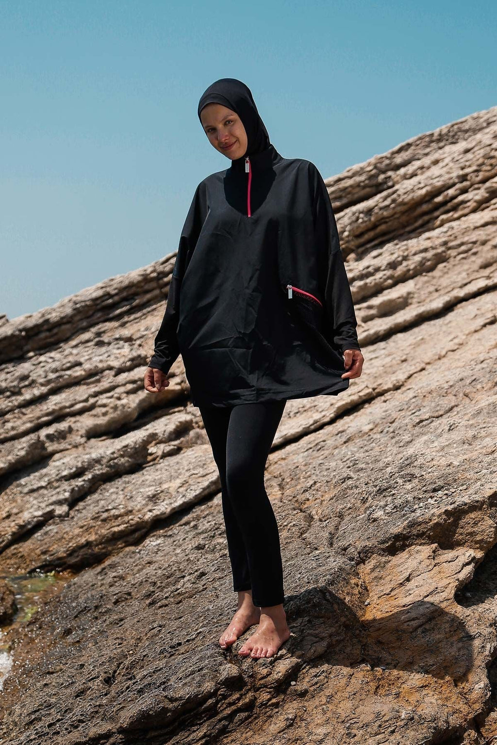 Woven Black Burkini Modest Swimwear M2275 Covered Burkini Swimwear La Vie Bien Woven Black Burkini Modest Swimwear M2275