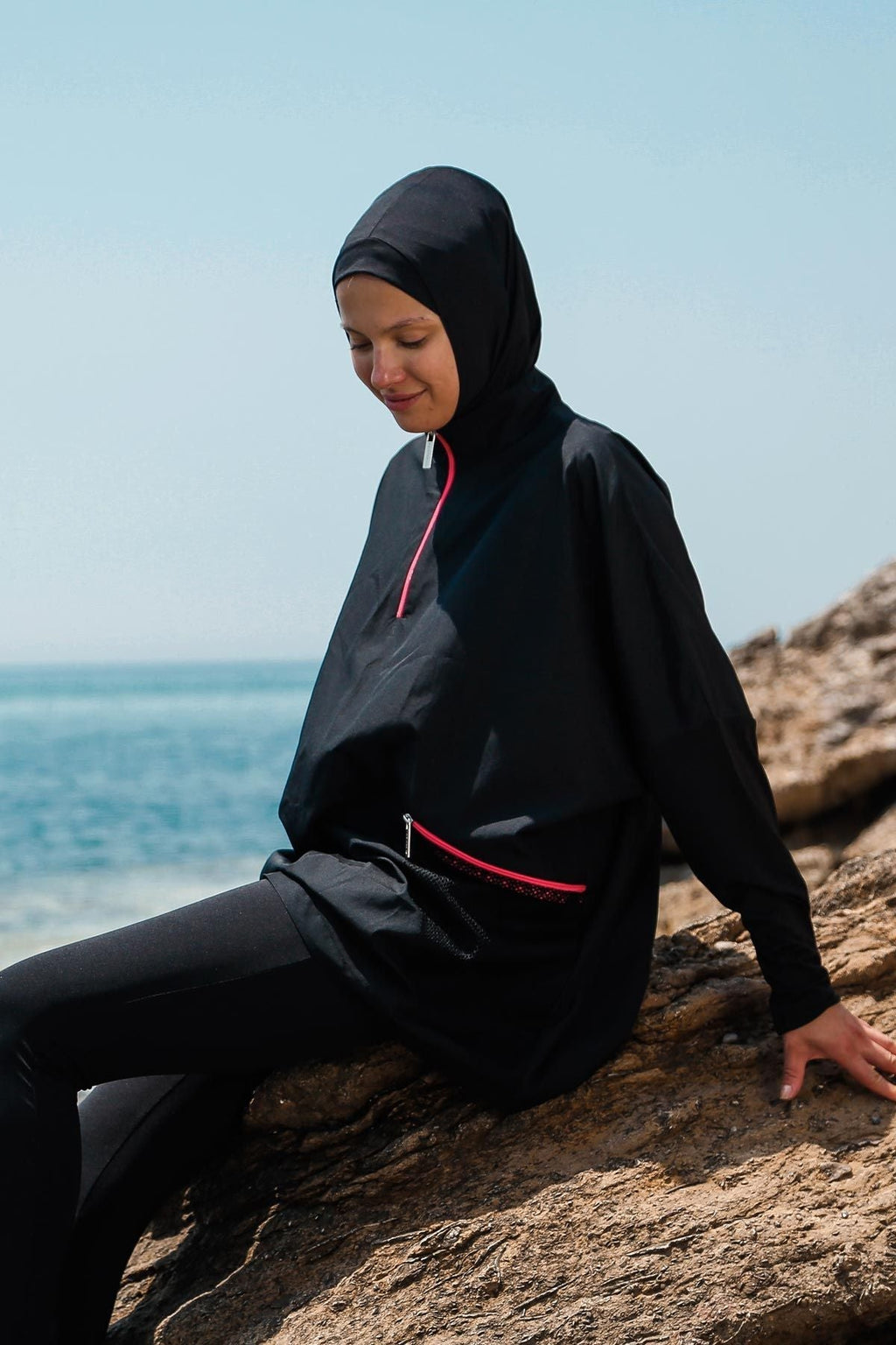 Woven Black Burkini Modest Swimwear M2275 Covered Burkini Swimwear La Vie Bien Woven Black Burkini Modest Swimwear M2275