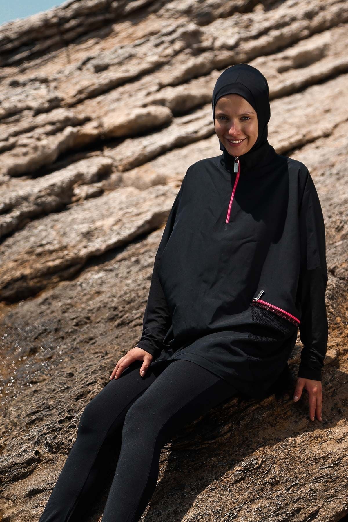 Woven Black Burkini Modest Swimwear M2275 Covered Burkini Swimwear La Vie Bien Woven Black Burkini Modest Swimwear M2275