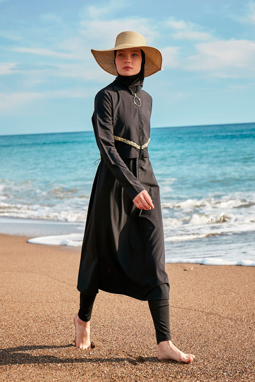 Woven Black Burkini Modest Swimwear M2410 Covered Burkini Swimwear La Vie Bien Woven Black Burkini Modest Swimwear M2410