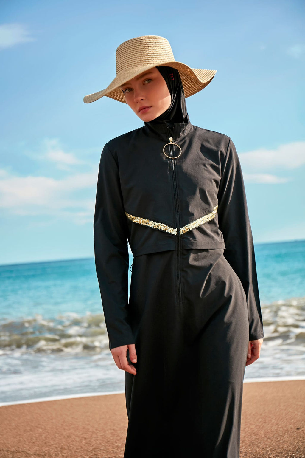 Woven Black Burkini Modest Swimwear M2410 Covered Burkini Swimwear La Vie Bien Woven Black Burkini Modest Swimwear M2410