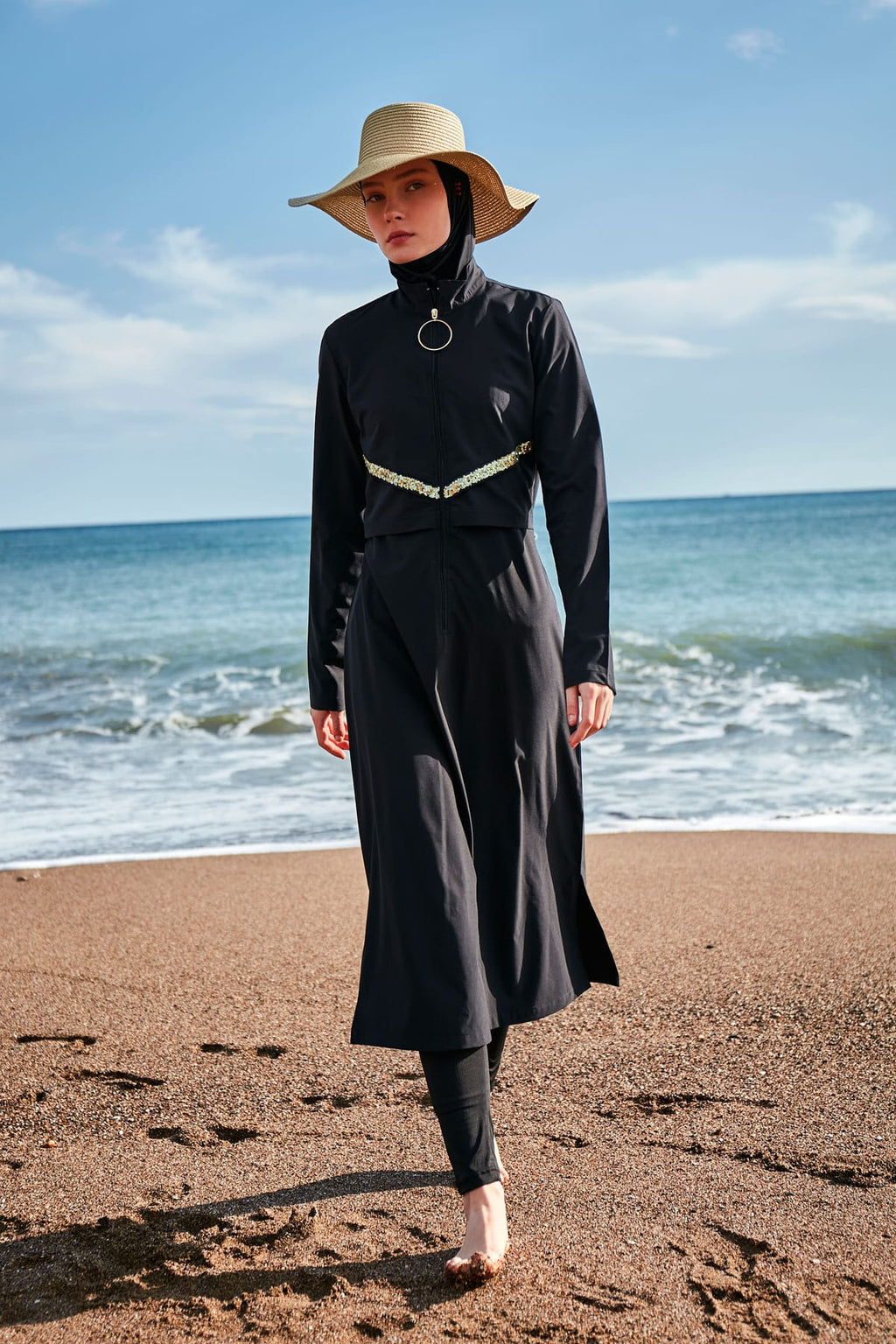 Woven Black Burkini Modest Swimwear M2410 Covered Burkini Swimwear La Vie Bien Woven Black Burkini Modest Swimwear M2410