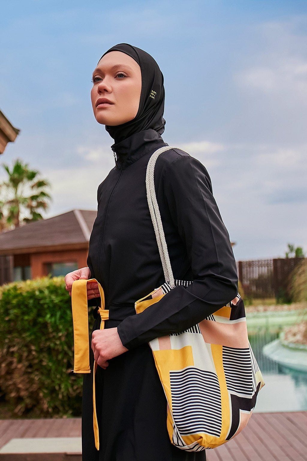 Woven Black Burkini Modest Swimwear M2422 Covered Burkini Swimwear La Vie Bien Woven Black Burkini Modest Swimwear M2422