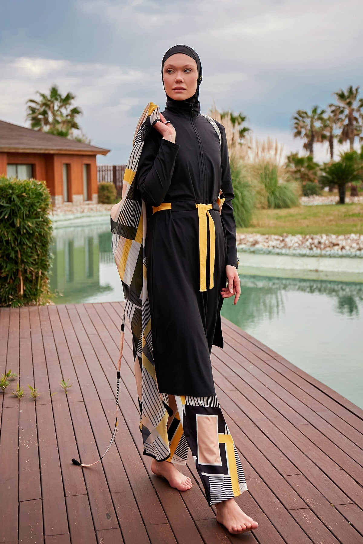 Woven Black Burkini Modest Swimwear M2422 Covered Burkini Swimwear La Vie Bien Woven Black Burkini Modest Swimwear M2422