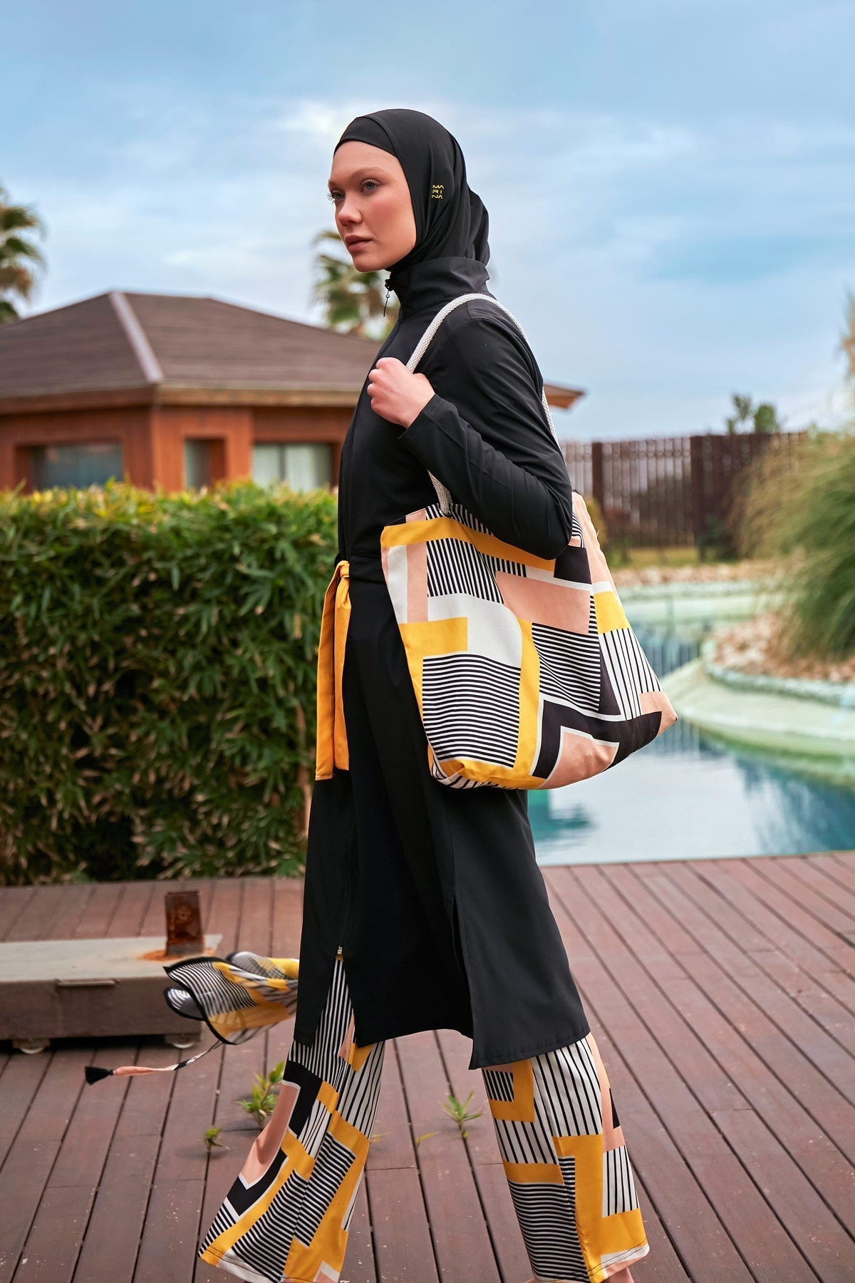 Woven Black Burkini Modest Swimwear M2422 Covered Burkini Swimwear La Vie Bien Woven Black Burkini Modest Swimwear M2422