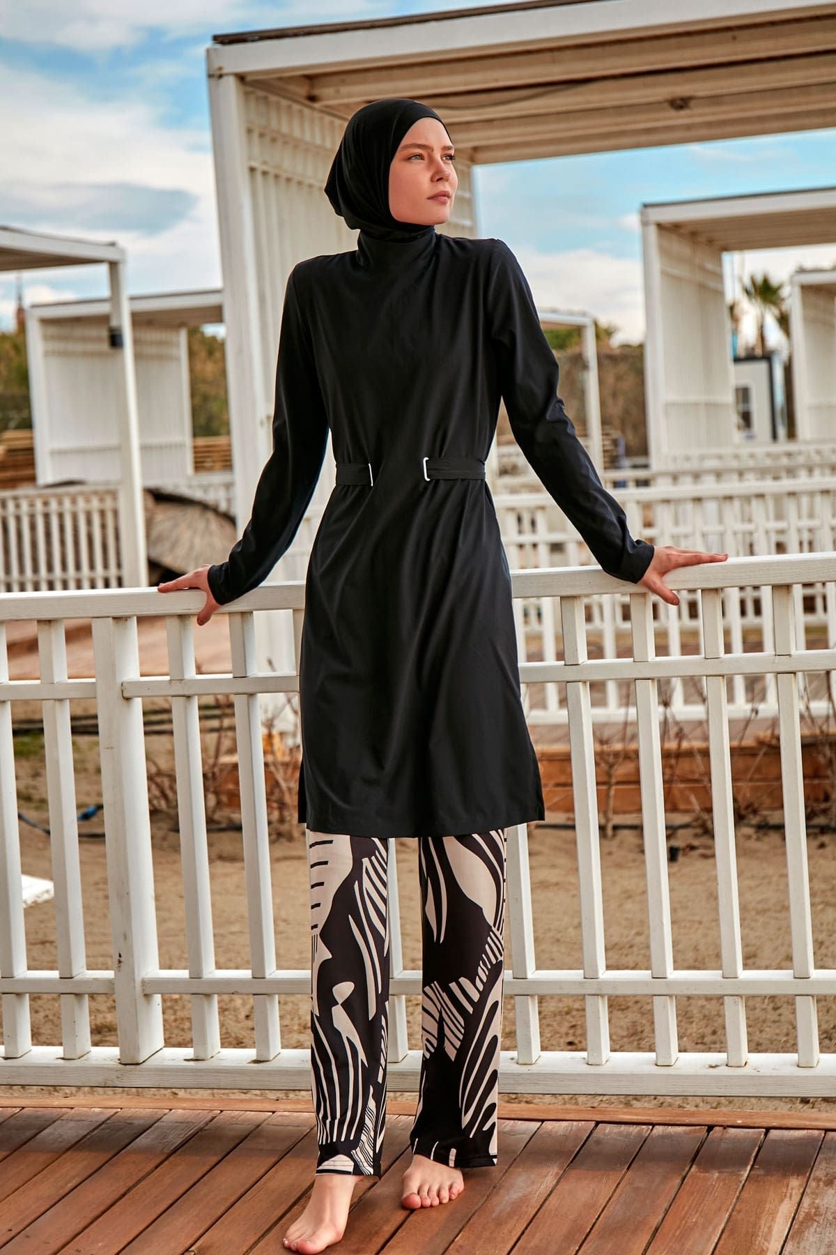 Woven Black Burkini Modest Swimwear M2424 Covered Burkini Swimwear La Vie Bien Woven Black Burkini Modest Swimwear M2424