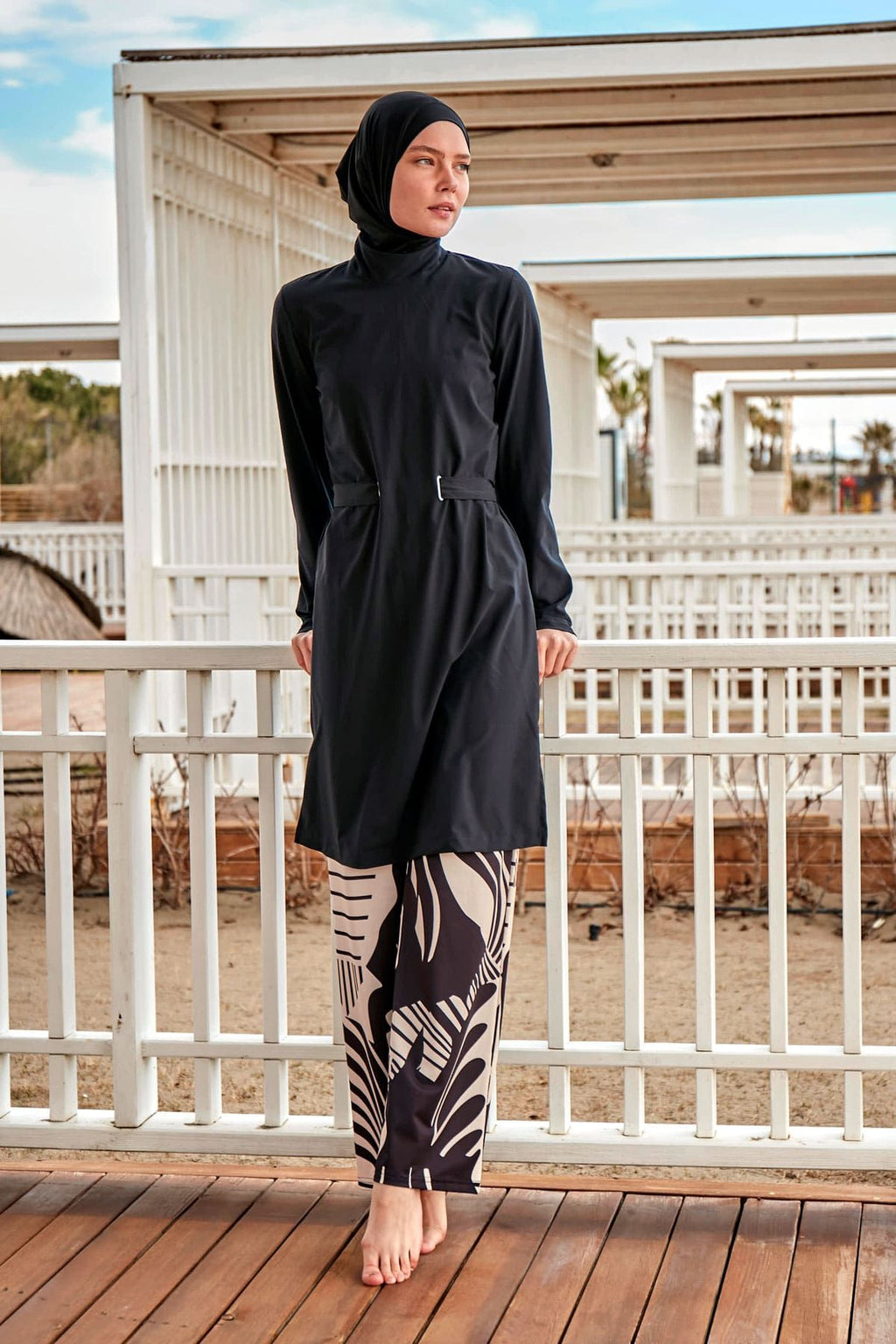 Woven Black Burkini Modest Swimwear M2424 Covered Burkini Swimwear La Vie Bien Woven Black Burkini Modest Swimwear M2424