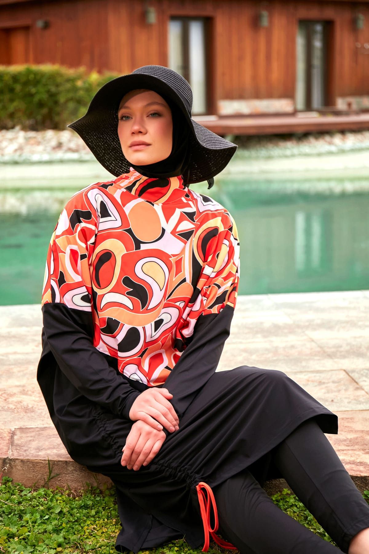Woven Black Burkini Modest Swimwear M2426 Covered Burkini Swimwear La Vie Bien Woven Black Burkini Modest Swimwear M2426