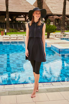 Woven Black Half Coverage Swimsuit M2458 Semi Modest Swimwear La Vie Bien Woven Black Half Coverage Swimsuit M2458