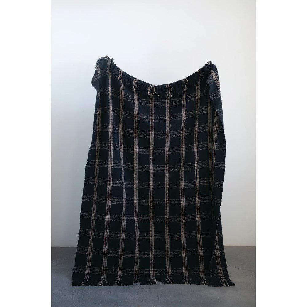 Woven Cotton Blend Throw Blanket with Fringe, Black & Tan Plaid by White Cliff Studio