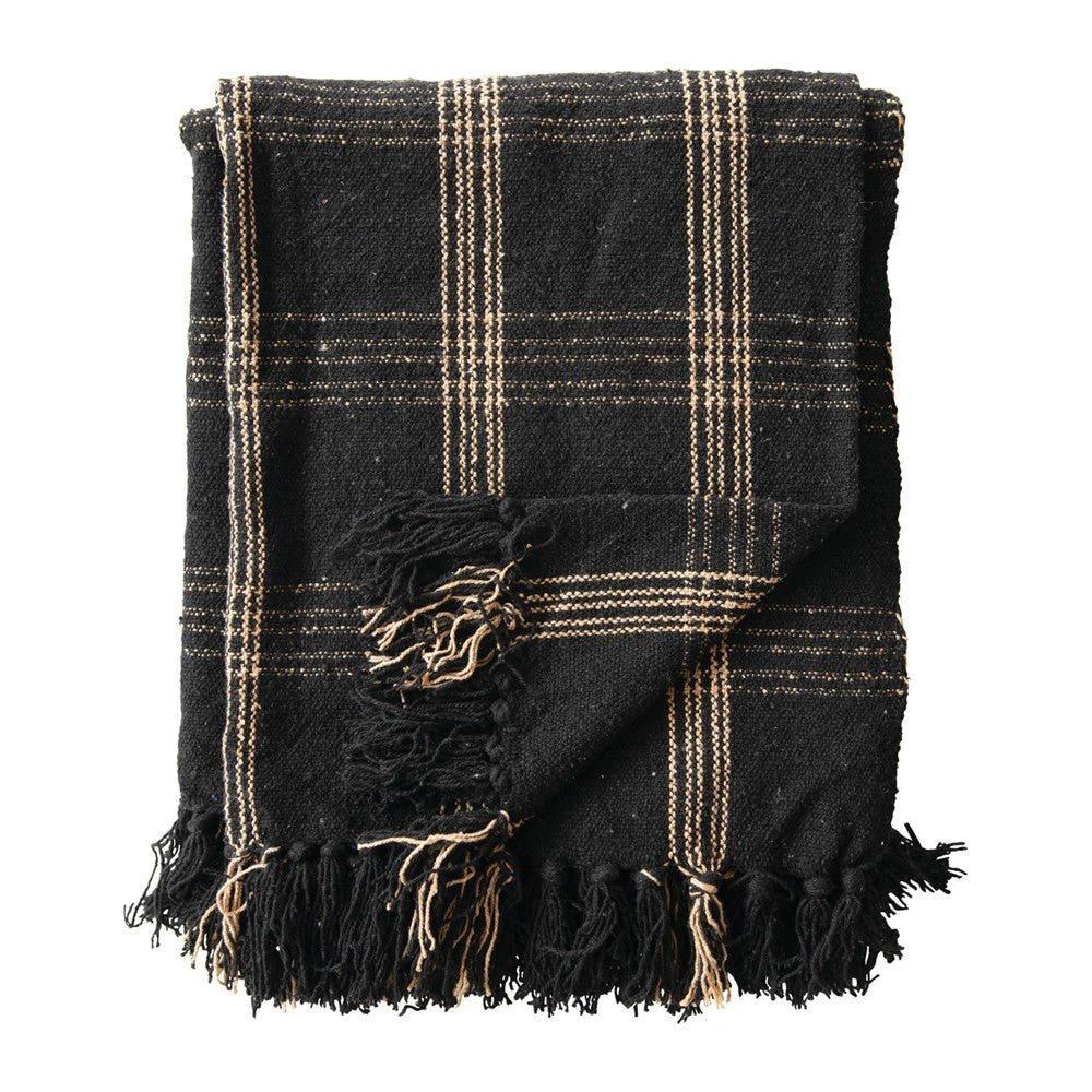 Woven Cotton Blend Throw Blanket with Fringe, Black & Tan Plaid by White Cliff Studio