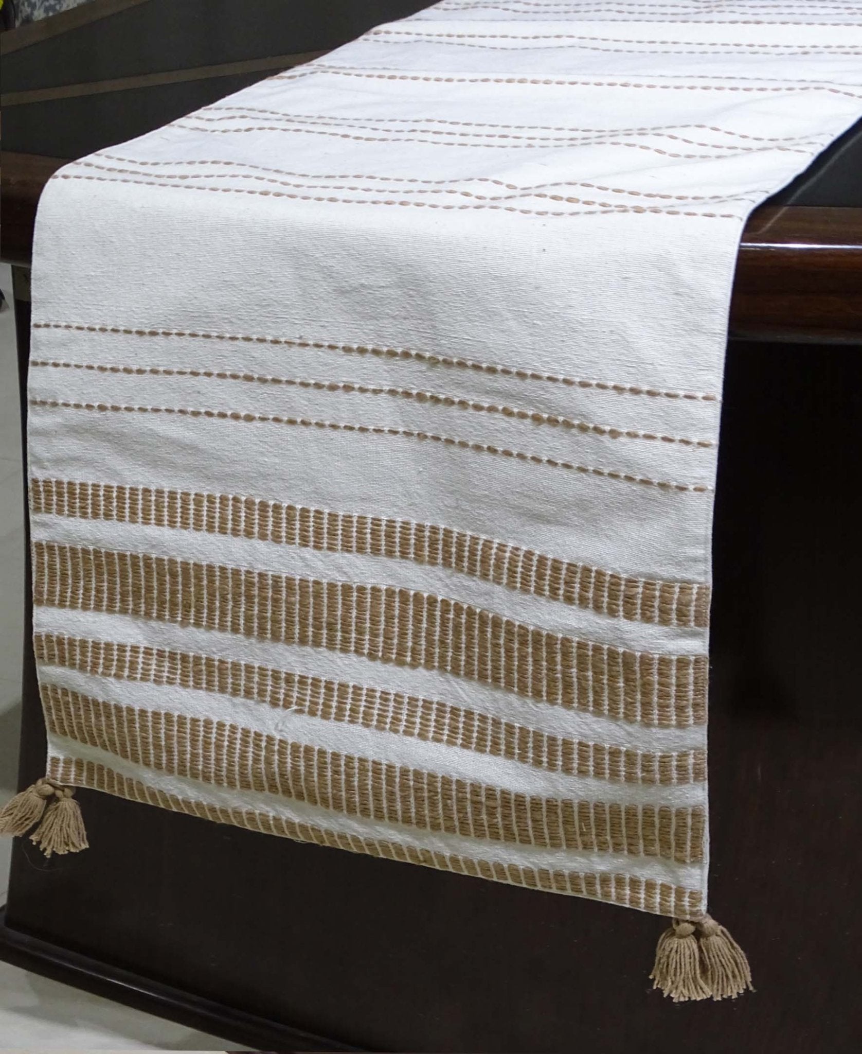 Woven Cotton Table Runner Off White and Beige 16 x 90 inches La Vie Bien Woven Cotton Table Runner Off White and Beige 16 x 90 inches