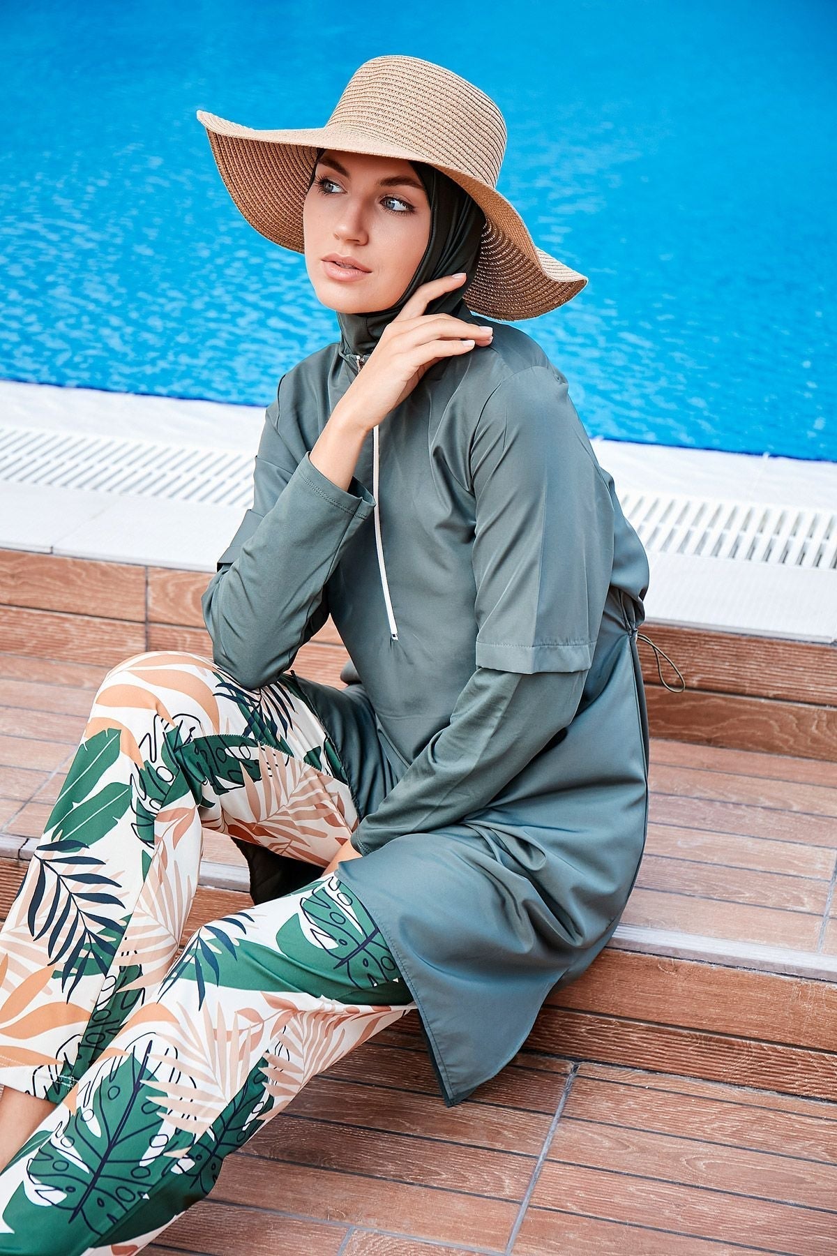 Woven Khaki Burkini Modest Swimwear M2261 Covered Burkini Swimwear La Vie Bien Woven Khaki Burkini Modest Swimwear M2261
