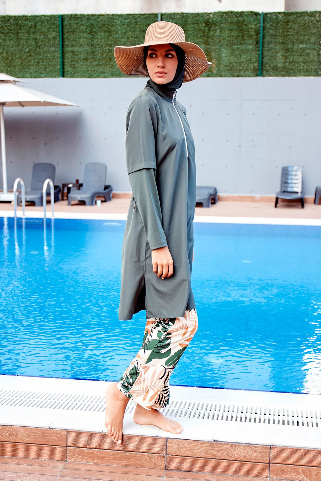 Woven Khaki Burkini Modest Swimwear M2261 Covered Burkini Swimwear La Vie Bien Woven Khaki Burkini Modest Swimwear M2261