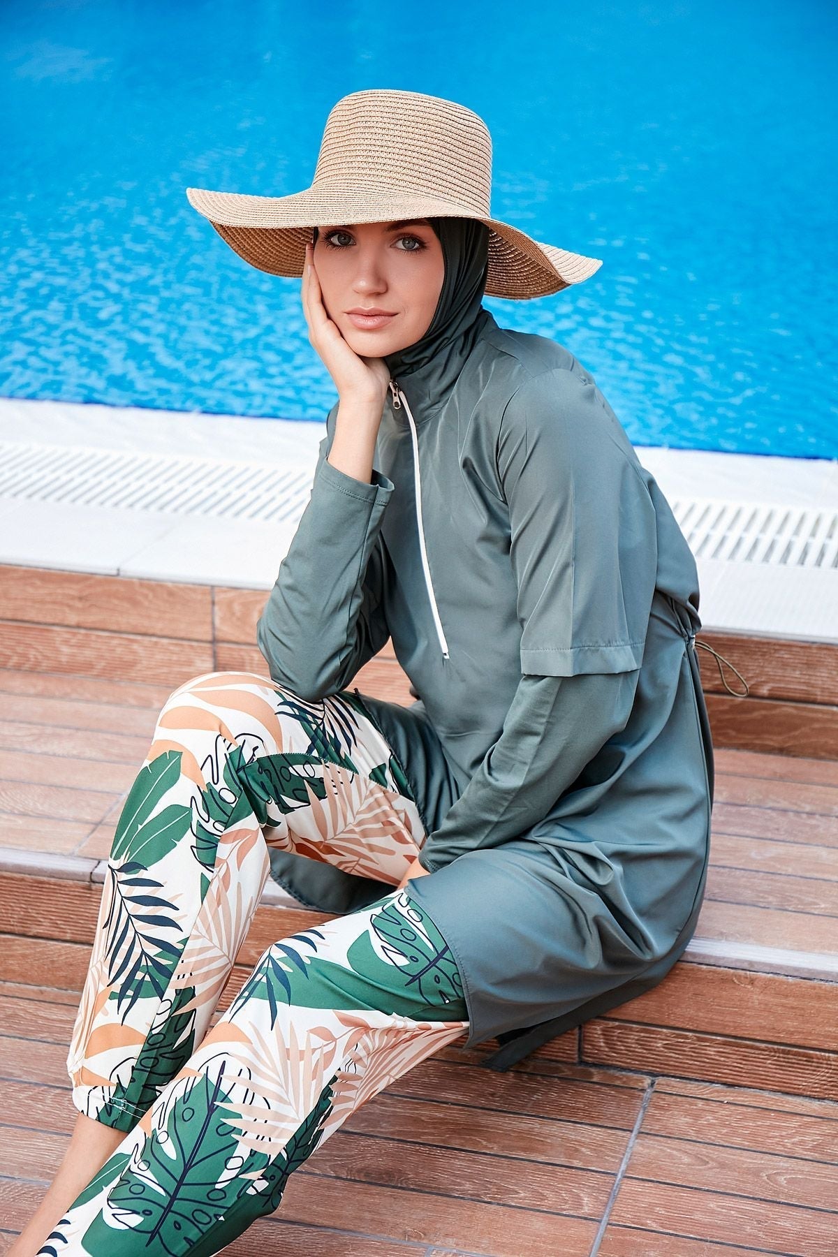 Woven Khaki Burkini Modest Swimwear M2261 Covered Burkini Swimwear La Vie Bien Woven Khaki Burkini Modest Swimwear M2261