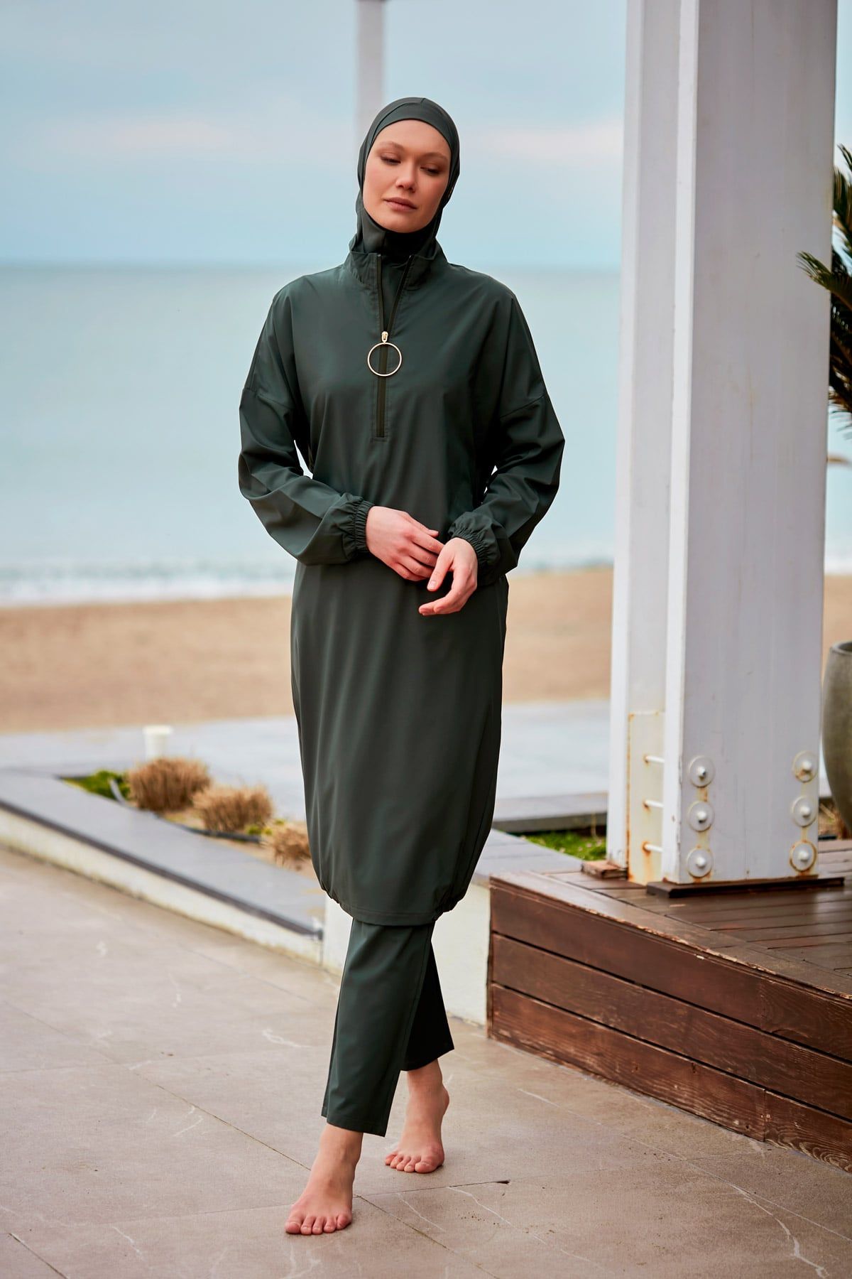 Woven Khaki Burkini Modest Swimwear M2406 Covered Burkini Swimwear La Vie Bien Woven Khaki Burkini Modest Swimwear M2406