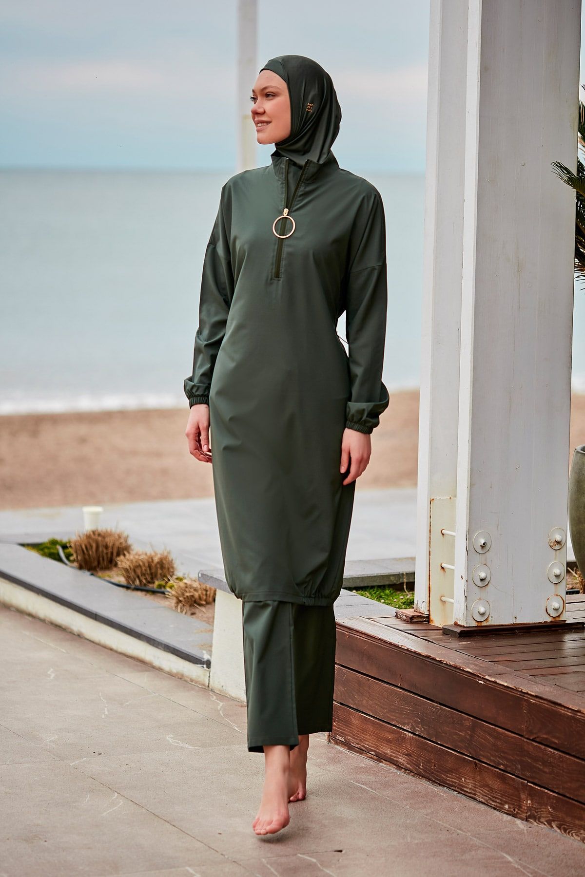 Woven Khaki Burkini Modest Swimwear M2406 Covered Burkini Swimwear La Vie Bien Woven Khaki Burkini Modest Swimwear M2406