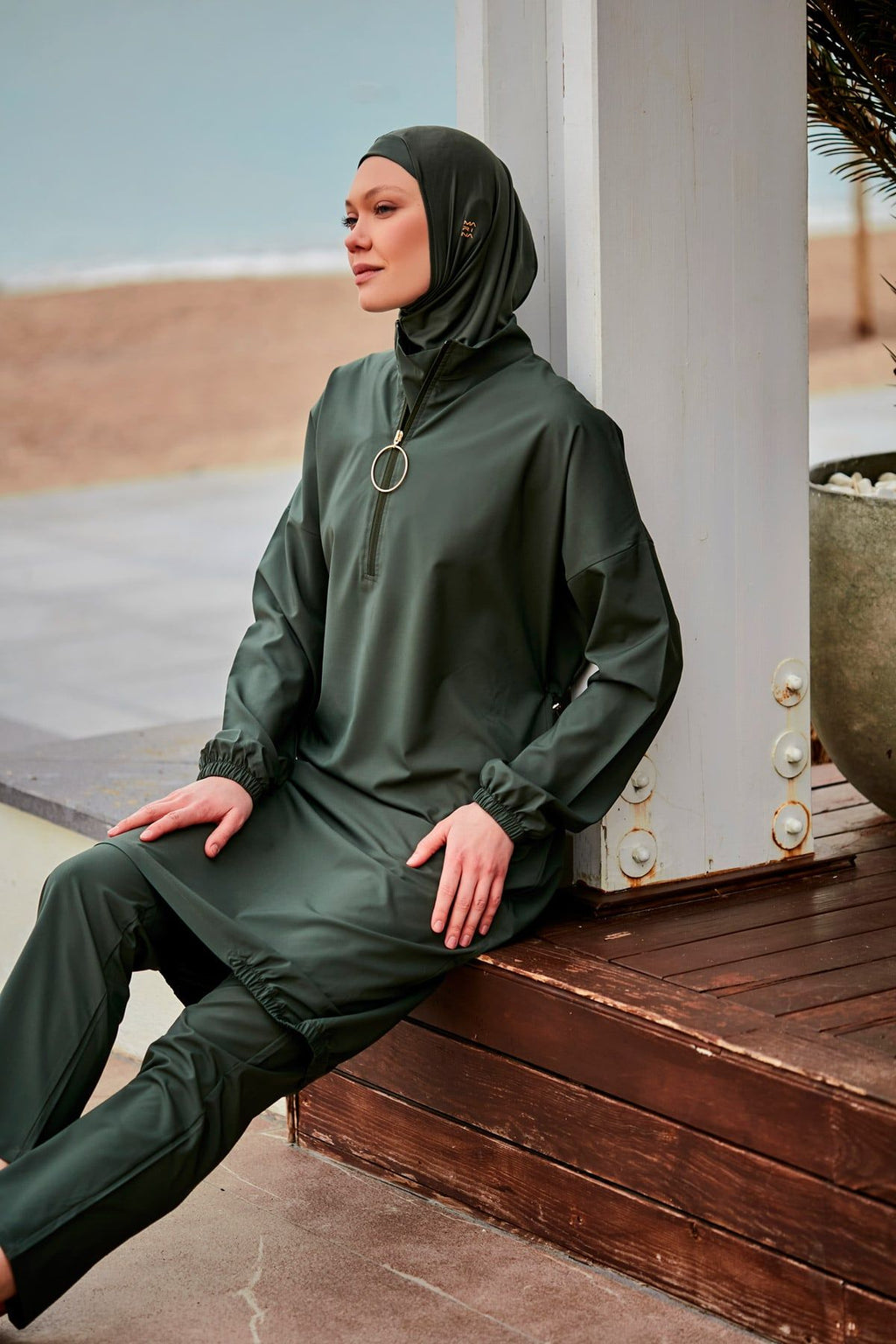 Woven Khaki Burkini Modest Swimwear M2406 Covered Burkini Swimwear La Vie Bien Woven Khaki Burkini Modest Swimwear M2406