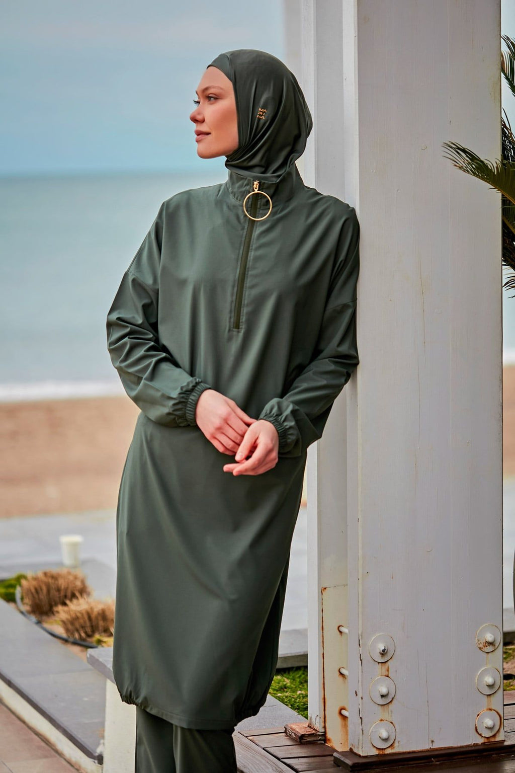 Woven Khaki Burkini Modest Swimwear M2406 Covered Burkini Swimwear La Vie Bien Woven Khaki Burkini Modest Swimwear M2406