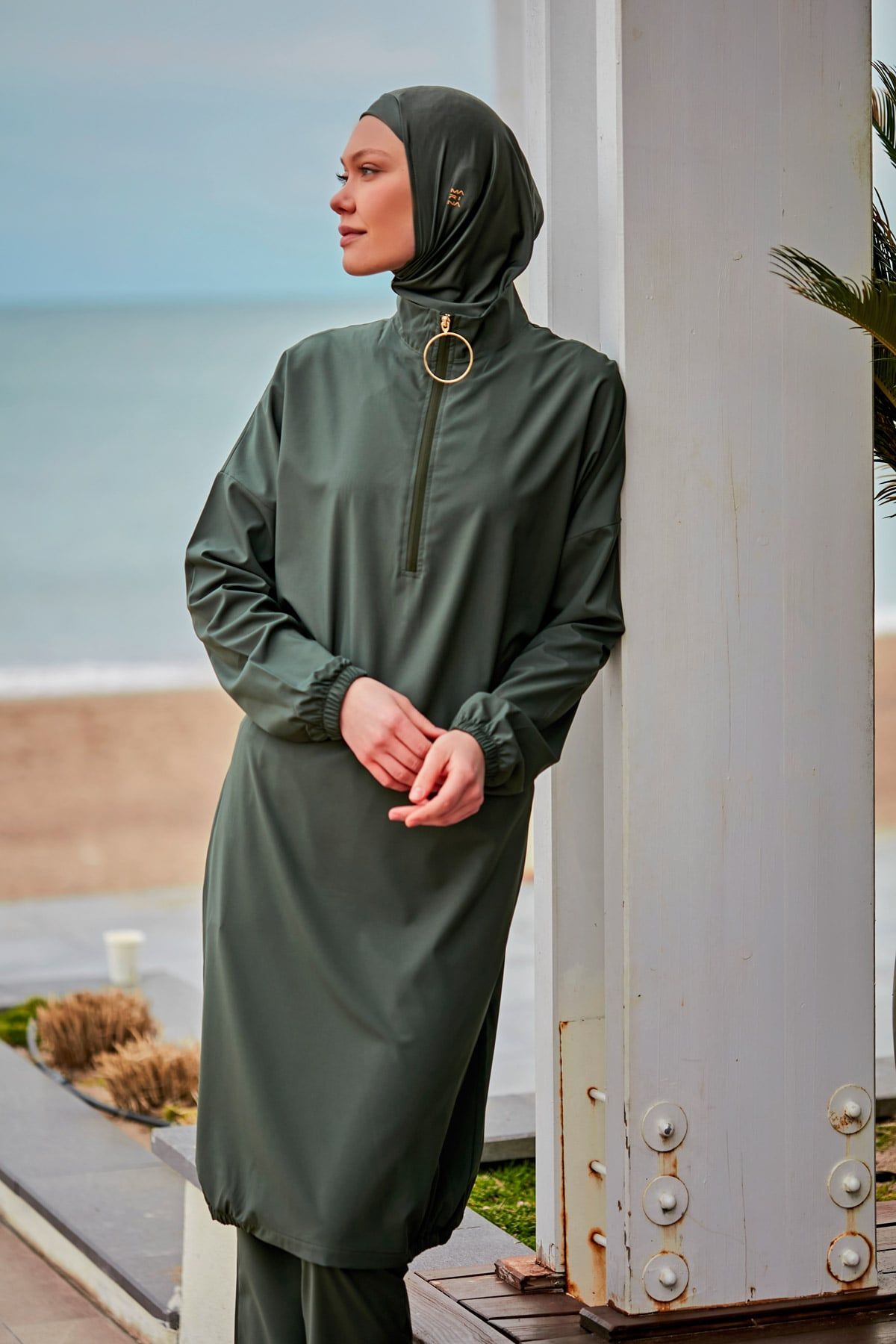 Woven Khaki Burkini Modest Swimwear M2406 Covered Burkini Swimwear La Vie Bien Woven Khaki Burkini Modest Swimwear M2406