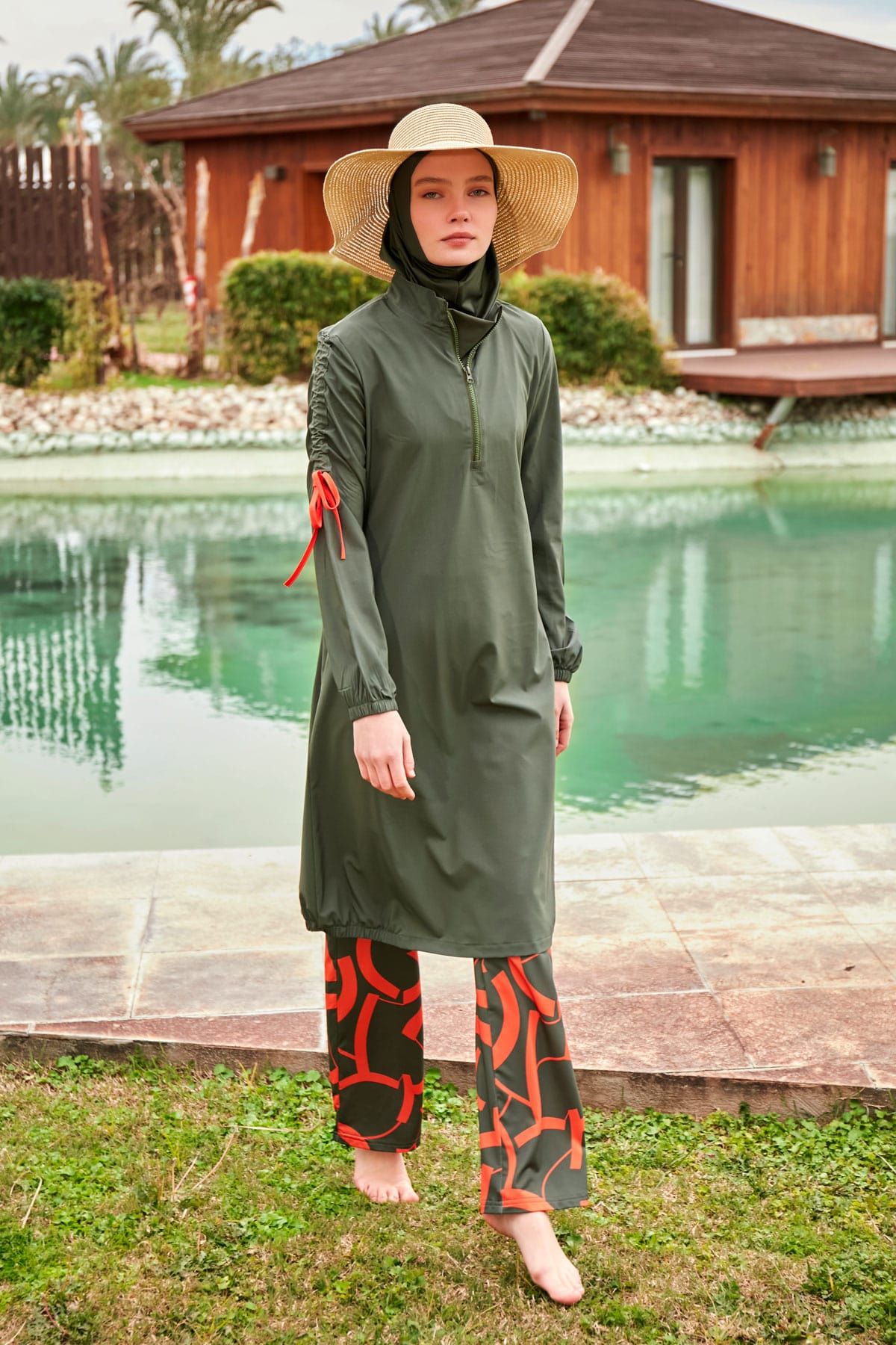 Woven Khaki Burkini Modest Swimwear M2432 Covered Burkini Swimwear La Vie Bien Woven Khaki Burkini Modest Swimwear M2432
