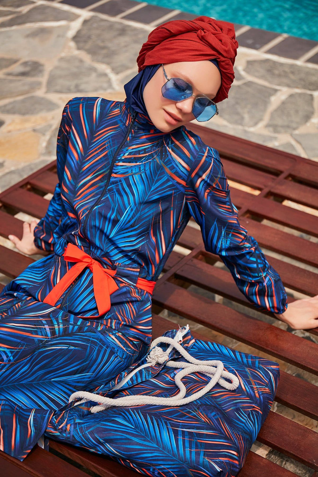 Woven Navy Burkini Modest Swimwear M2305 Covered Burkini Swimwear La Vie Bien Woven Navy Burkini Modest Swimwear M2305