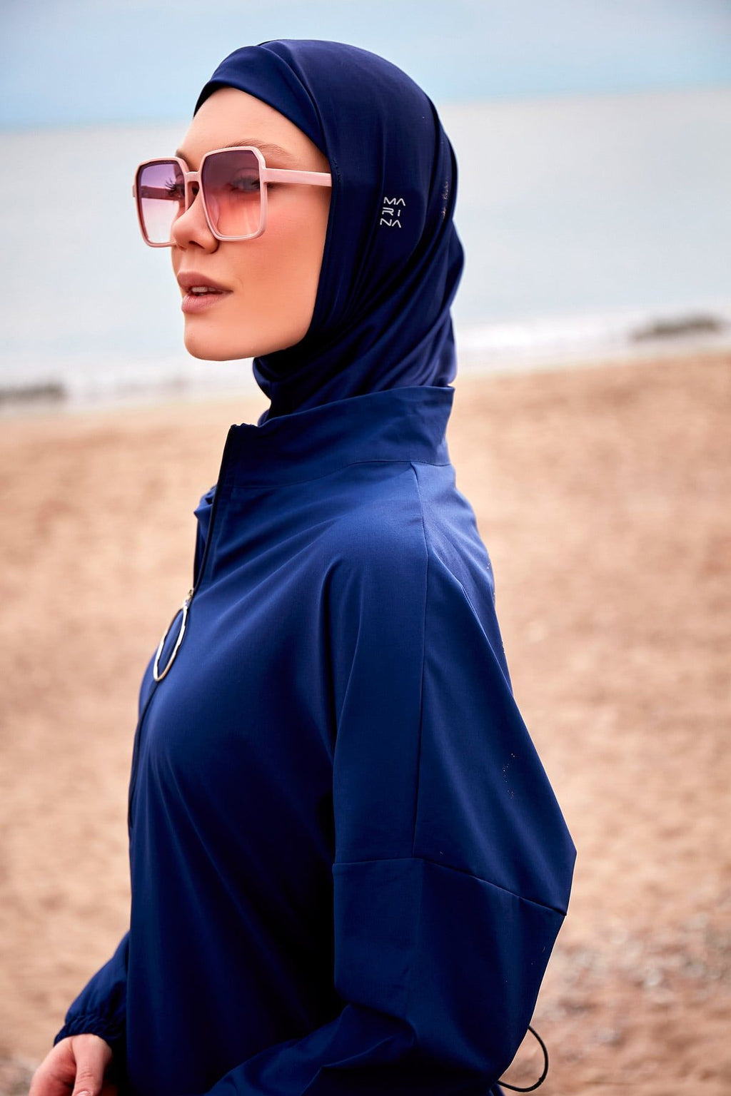 Woven Navy Burkini Modest Swimwear M2403 Covered Burkini Swimwear La Vie Bien Woven Navy Burkini Modest Swimwear M2403