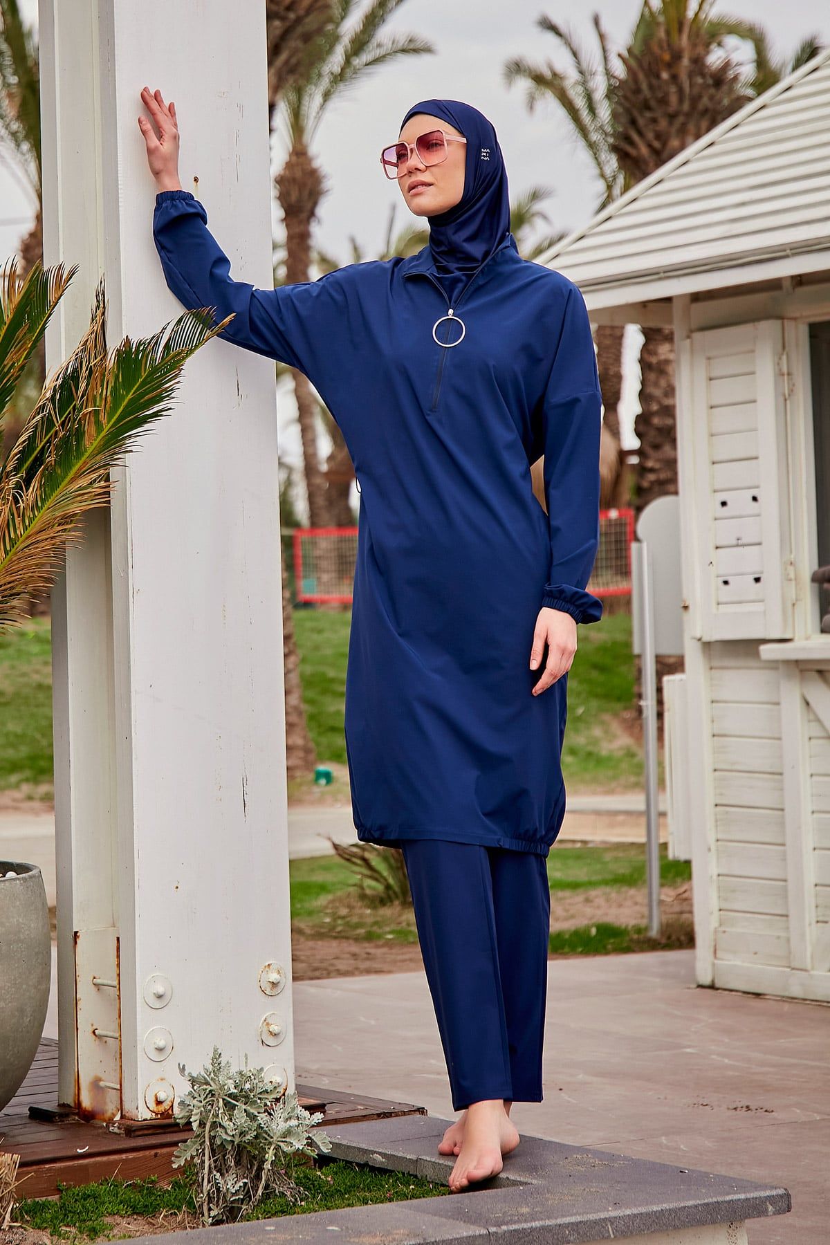 Woven Navy Burkini Modest Swimwear M2403 Covered Burkini Swimwear La Vie Bien Woven Navy Burkini Modest Swimwear M2403