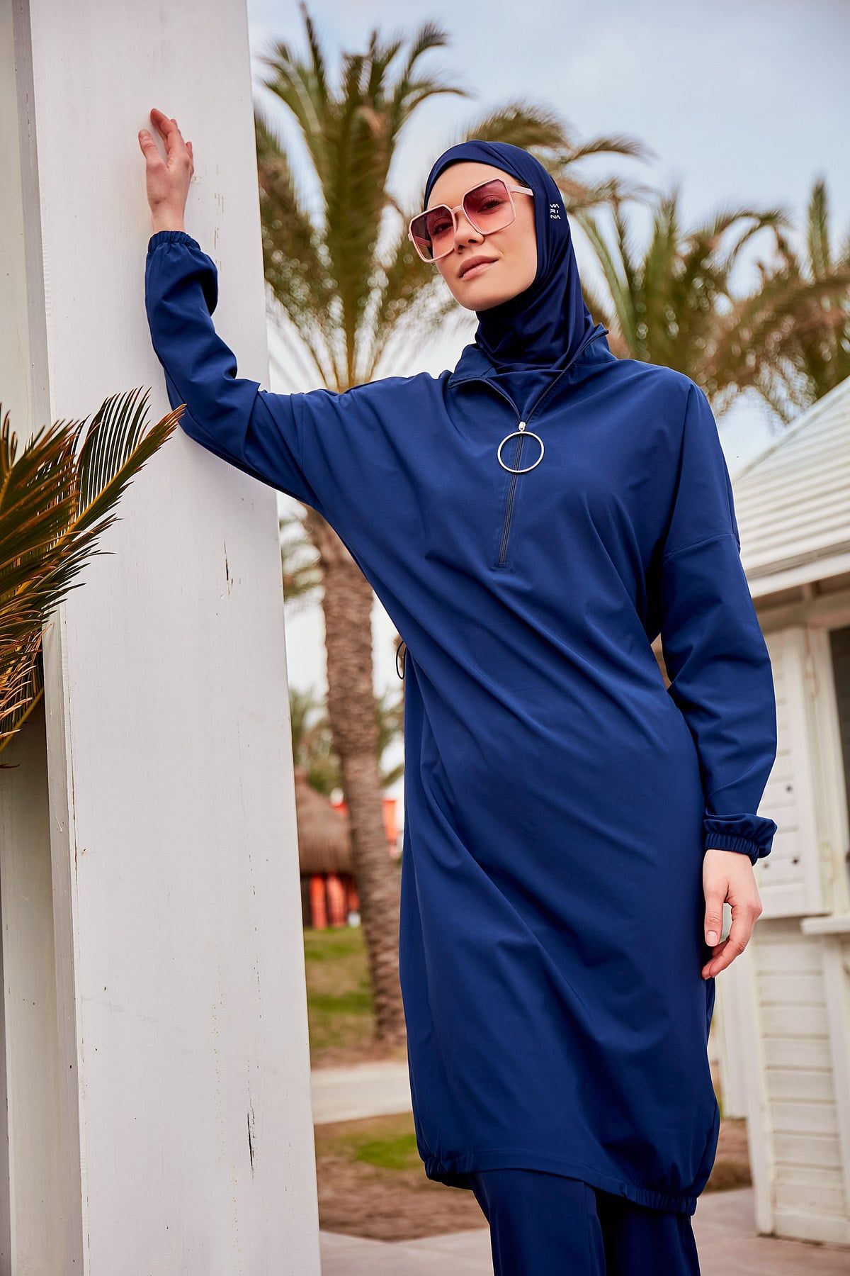 Woven Navy Burkini Modest Swimwear M2403 Covered Burkini Swimwear La Vie Bien Woven Navy Burkini Modest Swimwear M2403