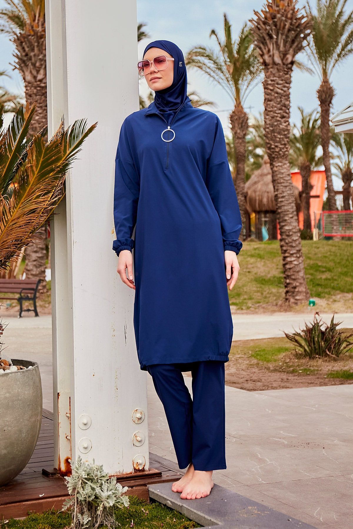 Woven Navy Burkini Modest Swimwear M2403 Covered Burkini Swimwear La Vie Bien Woven Navy Burkini Modest Swimwear M2403