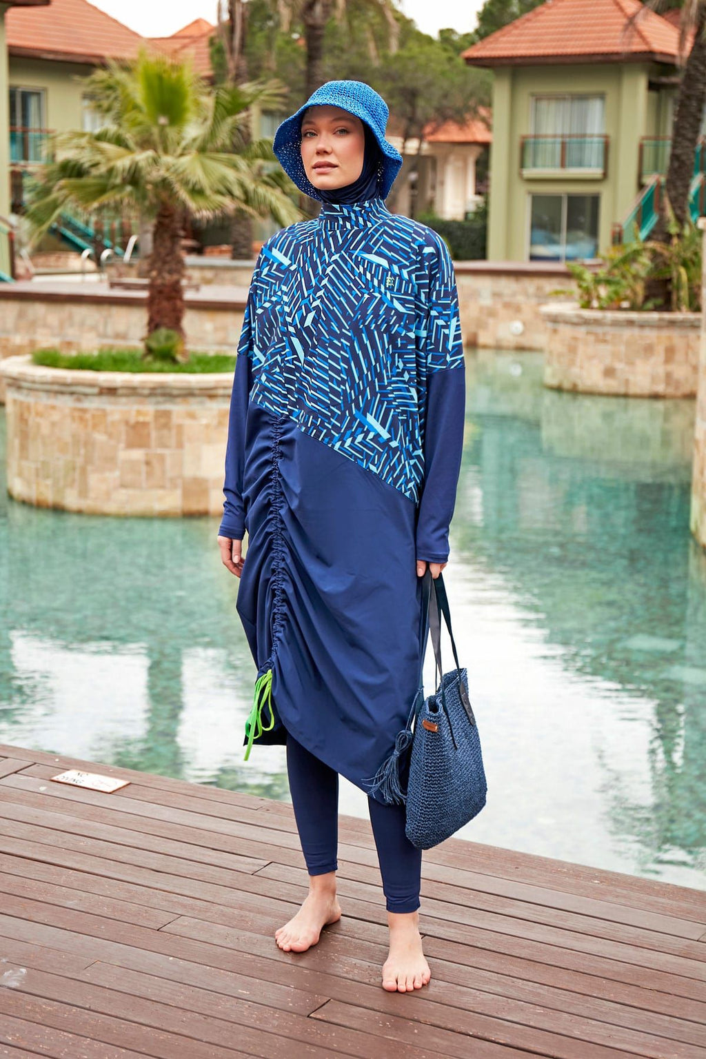 Woven Navy Burkini Modest Swimwear M2427 Covered Burkini Swimwear La Vie Bien Woven Navy Burkini Modest Swimwear M2427