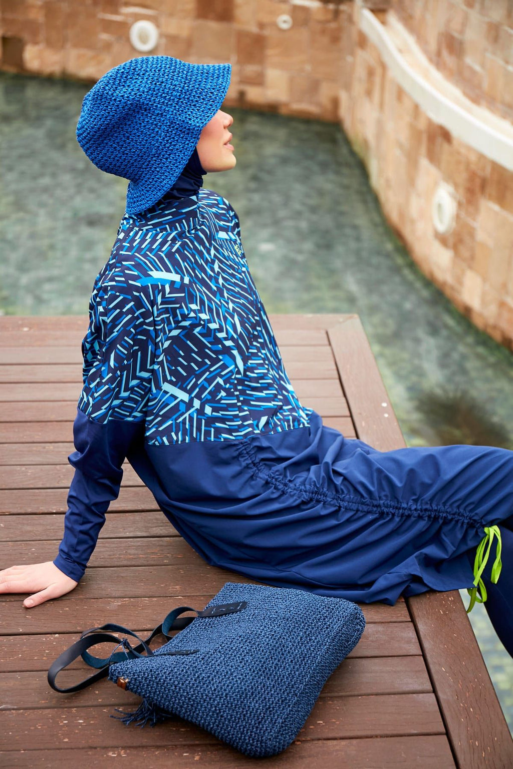 Woven Navy Burkini Modest Swimwear M2427 Covered Burkini Swimwear La Vie Bien Woven Navy Burkini Modest Swimwear M2427