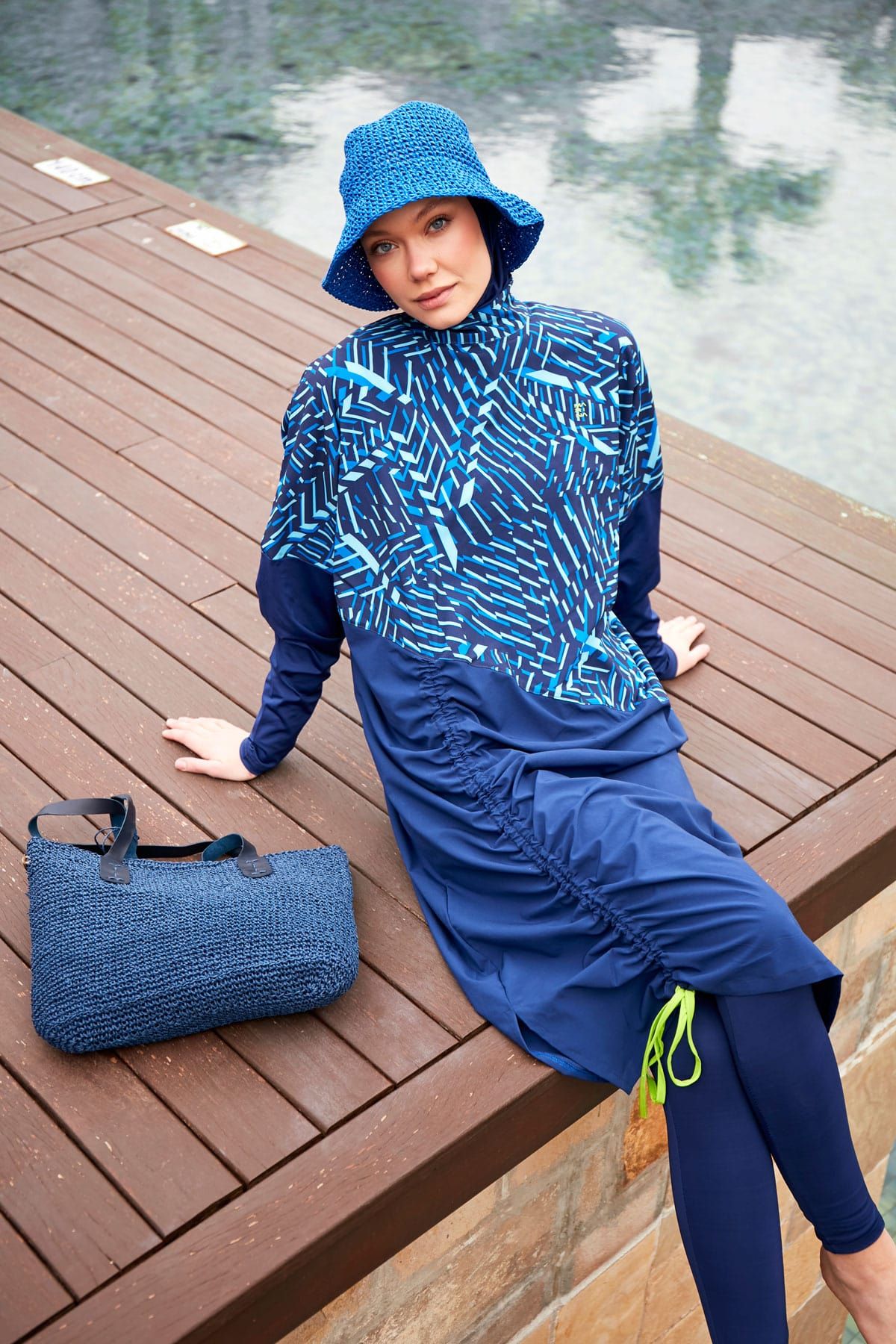 Woven Navy Burkini Modest Swimwear M2427 Covered Burkini Swimwear La Vie Bien Woven Navy Burkini Modest Swimwear M2427