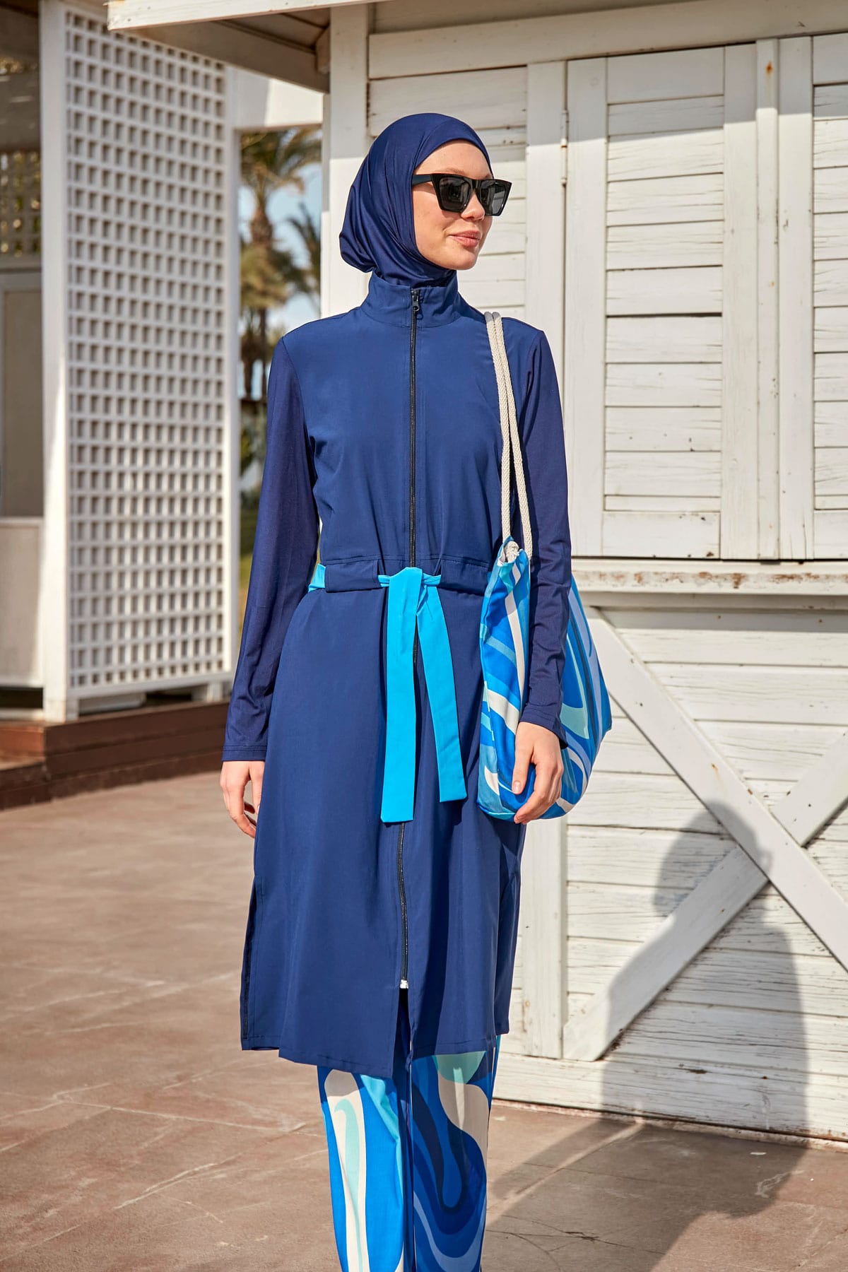 Woven Navy Burkini Modest Swimwear M2428 Covered Burkini Swimwear La Vie Bien Woven Navy Burkini Modest Swimwear M2428