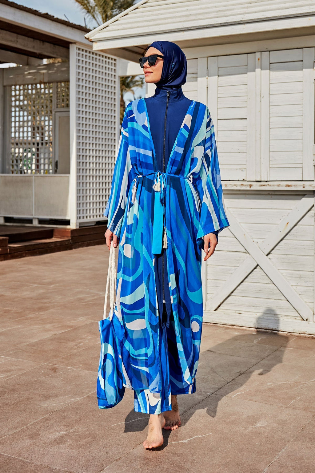 Woven Navy Burkini Modest Swimwear M2428 Covered Burkini Swimwear La Vie Bien Woven Navy Burkini Modest Swimwear M2428