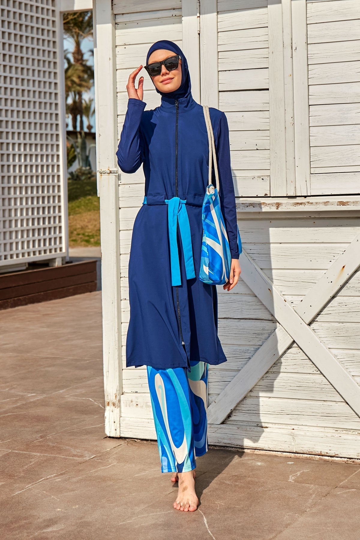 Woven Navy Burkini Modest Swimwear M2428 Covered Burkini Swimwear La Vie Bien Woven Navy Burkini Modest Swimwear M2428