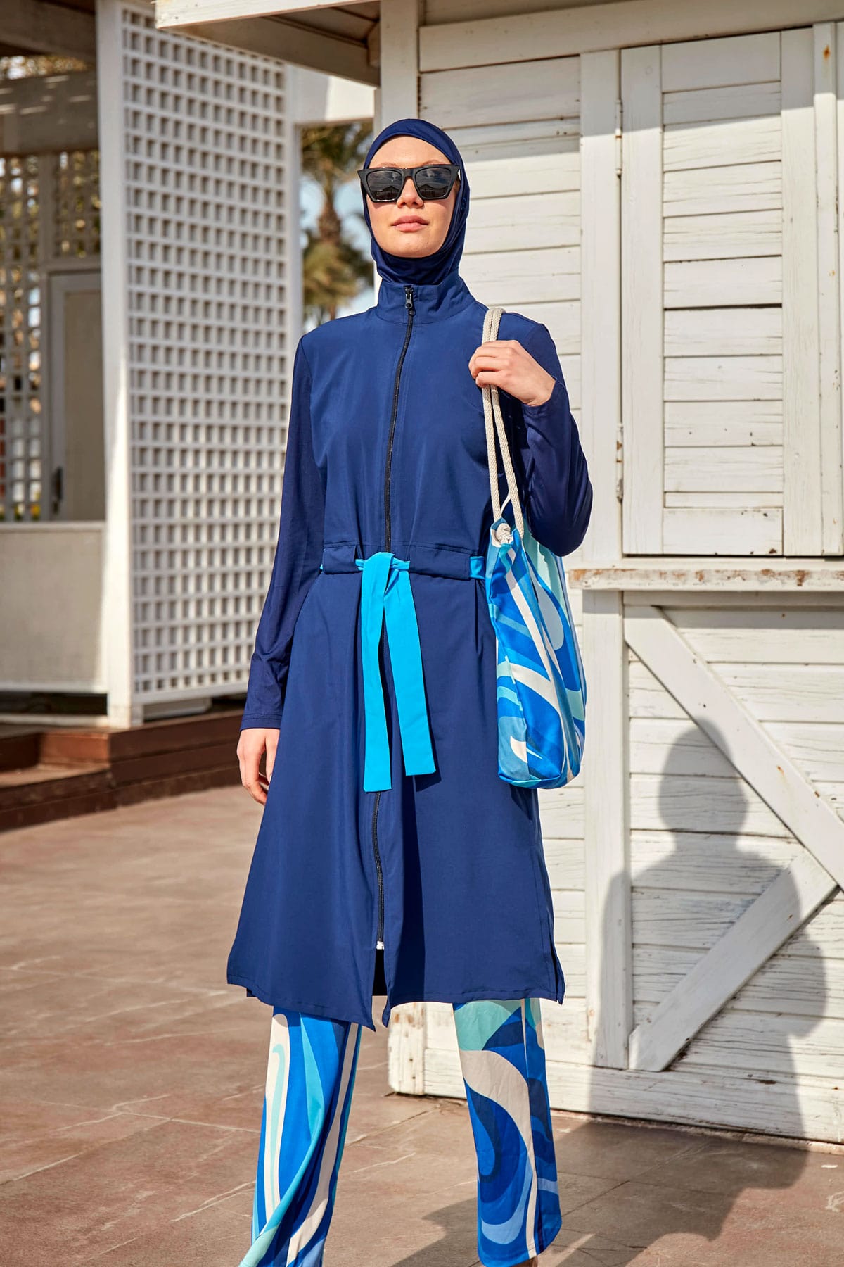 Woven Navy Burkini Modest Swimwear M2428 Covered Burkini Swimwear La Vie Bien Woven Navy Burkini Modest Swimwear M2428
