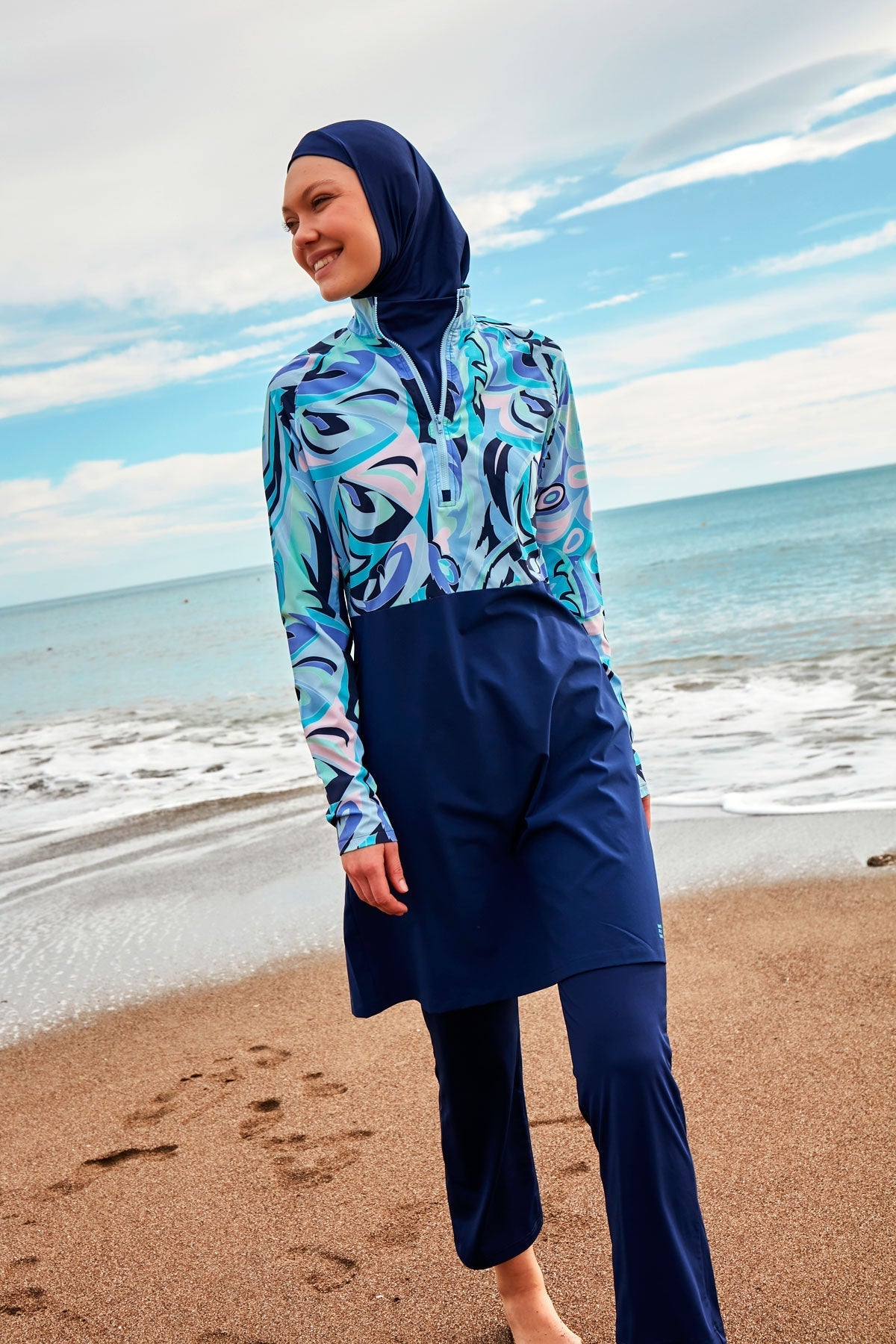 Woven Navy Burkini Modest Swimwear M2498 Covered Burkini Swimwear La Vie Bien Woven Navy Burkini Modest Swimwear M2498