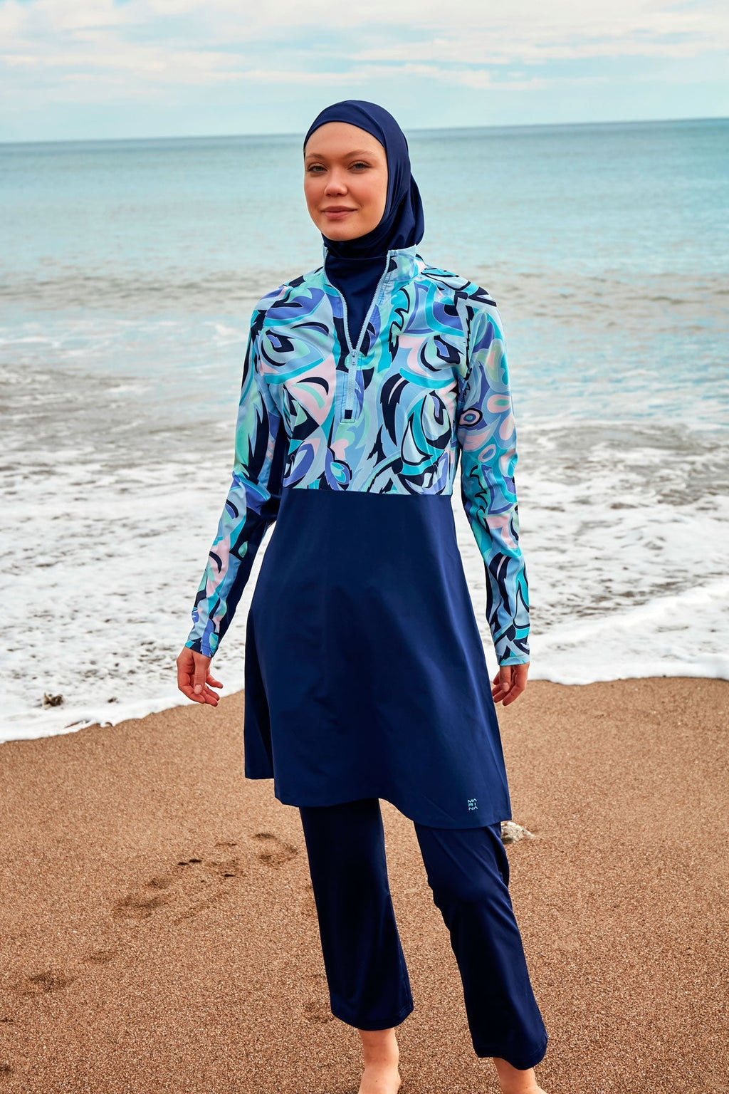 Woven Navy Burkini Modest Swimwear M2498 Covered Burkini Swimwear La Vie Bien Woven Navy Burkini Modest Swimwear M2498
