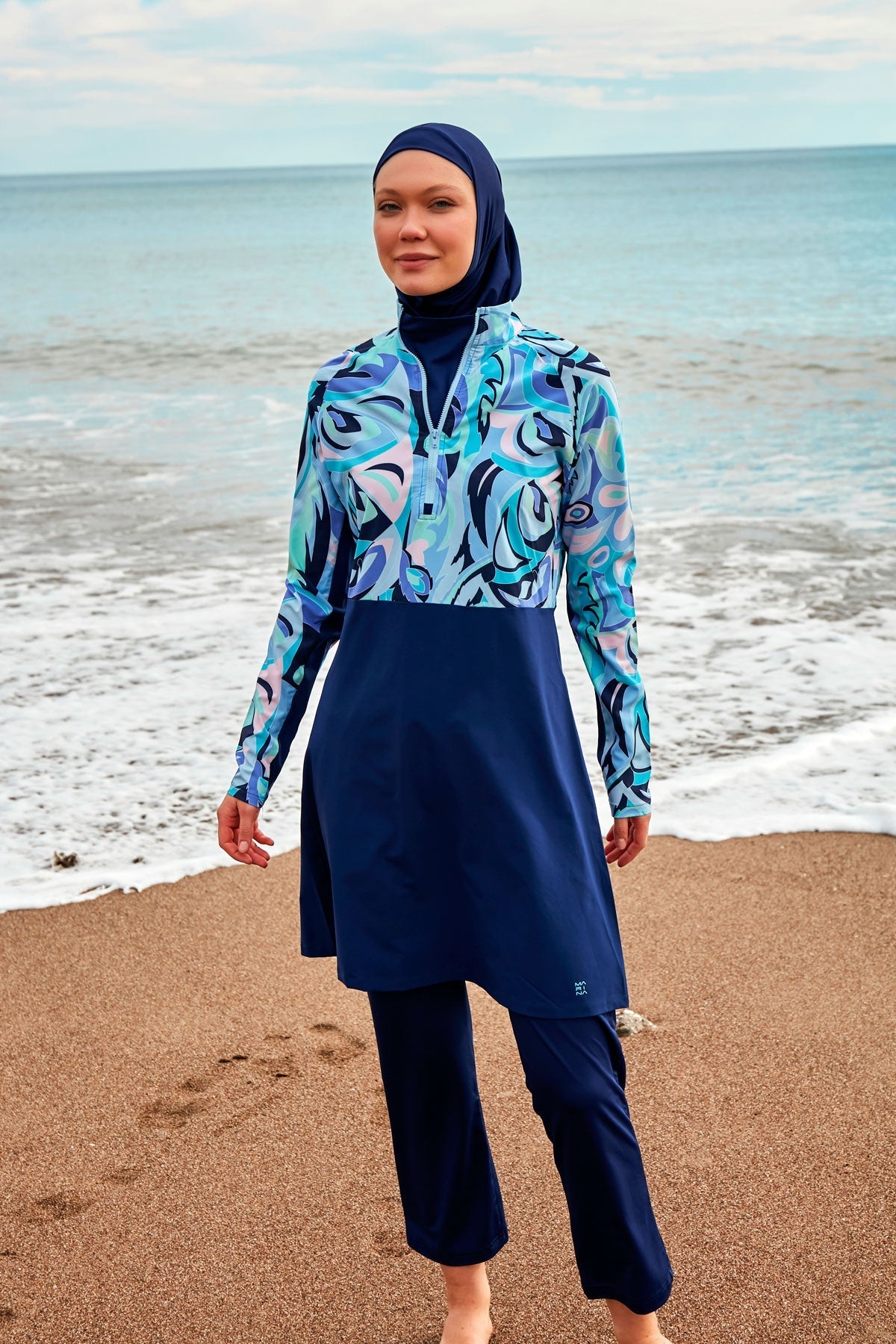 Woven Navy Burkini Modest Swimwear M2498 Covered Burkini Swimwear La Vie Bien Woven Navy Burkini Modest Swimwear M2498