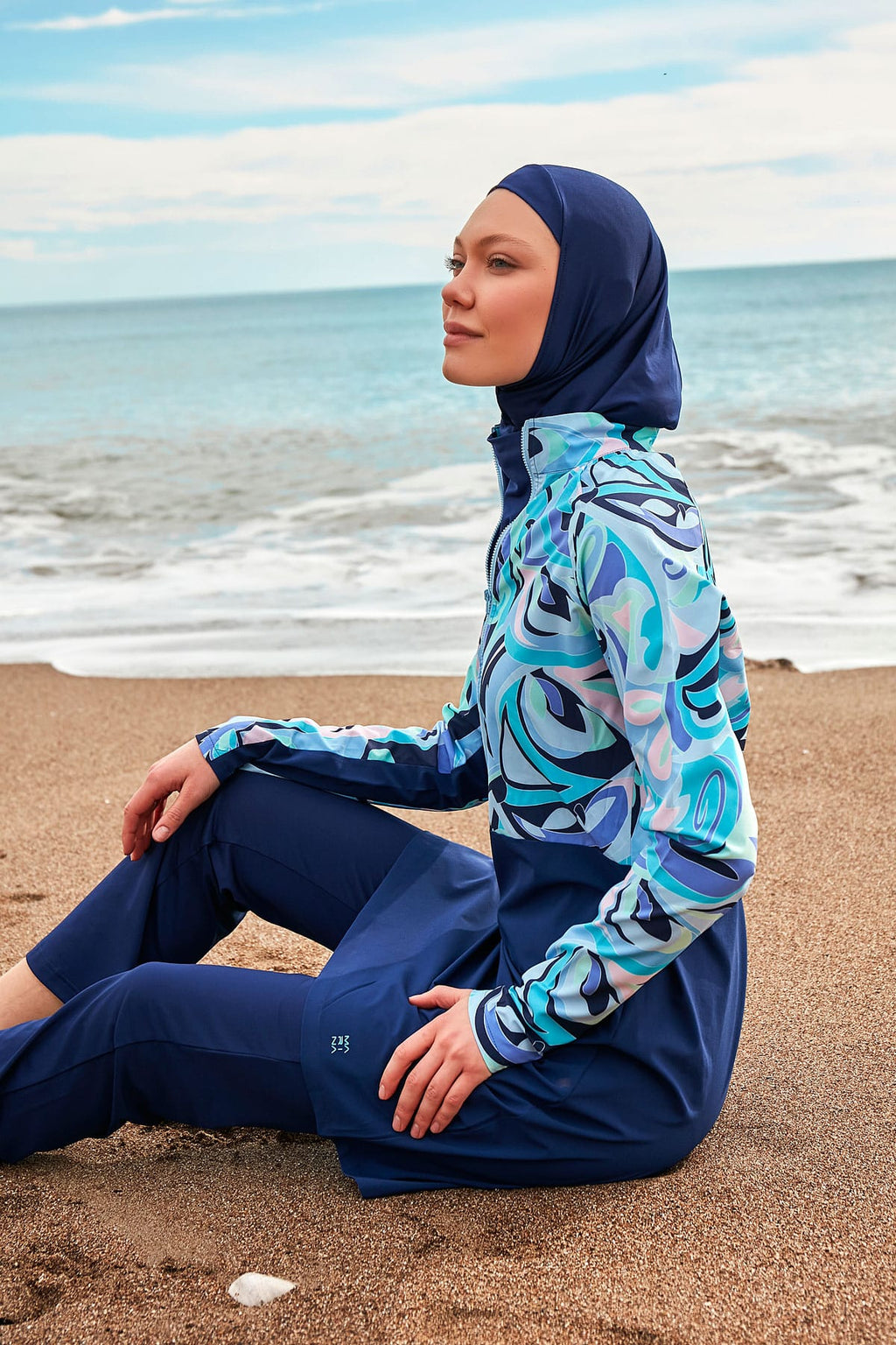 Woven Navy Burkini Modest Swimwear M2498 Covered Burkini Swimwear La Vie Bien Woven Navy Burkini Modest Swimwear M2498