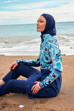 Woven Navy Burkini Modest Swimwear M2498 Covered Burkini Swimwear La Vie Bien Woven Navy Burkini Modest Swimwear M2498